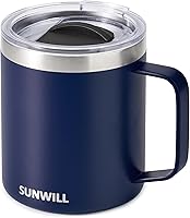 SUNWILL 14oz Insulated Coffee Mug with Lid & Handle - Vacuum Insulated Travel Tumbler, Sweat-Proof Stainless Steel for Camping, Office, Home, Navy Blue