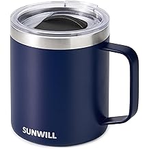 SUNWILL Insulated Coffee Mug with Lid, Travel Tumbler with Handle, 14oz Stainless Steel Cup for Camping, Office, Home, Powder Coated Navy Blue