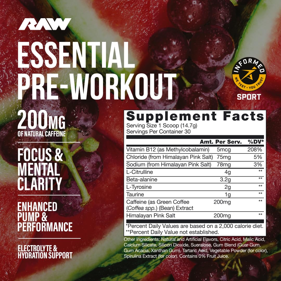 RAW Essential Pre-Workout Powder (Watermelon Grape) - Chris Bumstead Sports Nutrition Supplement for Men & Women - Preworkout Energy Powder with Caffeine, L-Citrulline, L-Tyrosine & Beta Alanine Blend — Amazon image 2