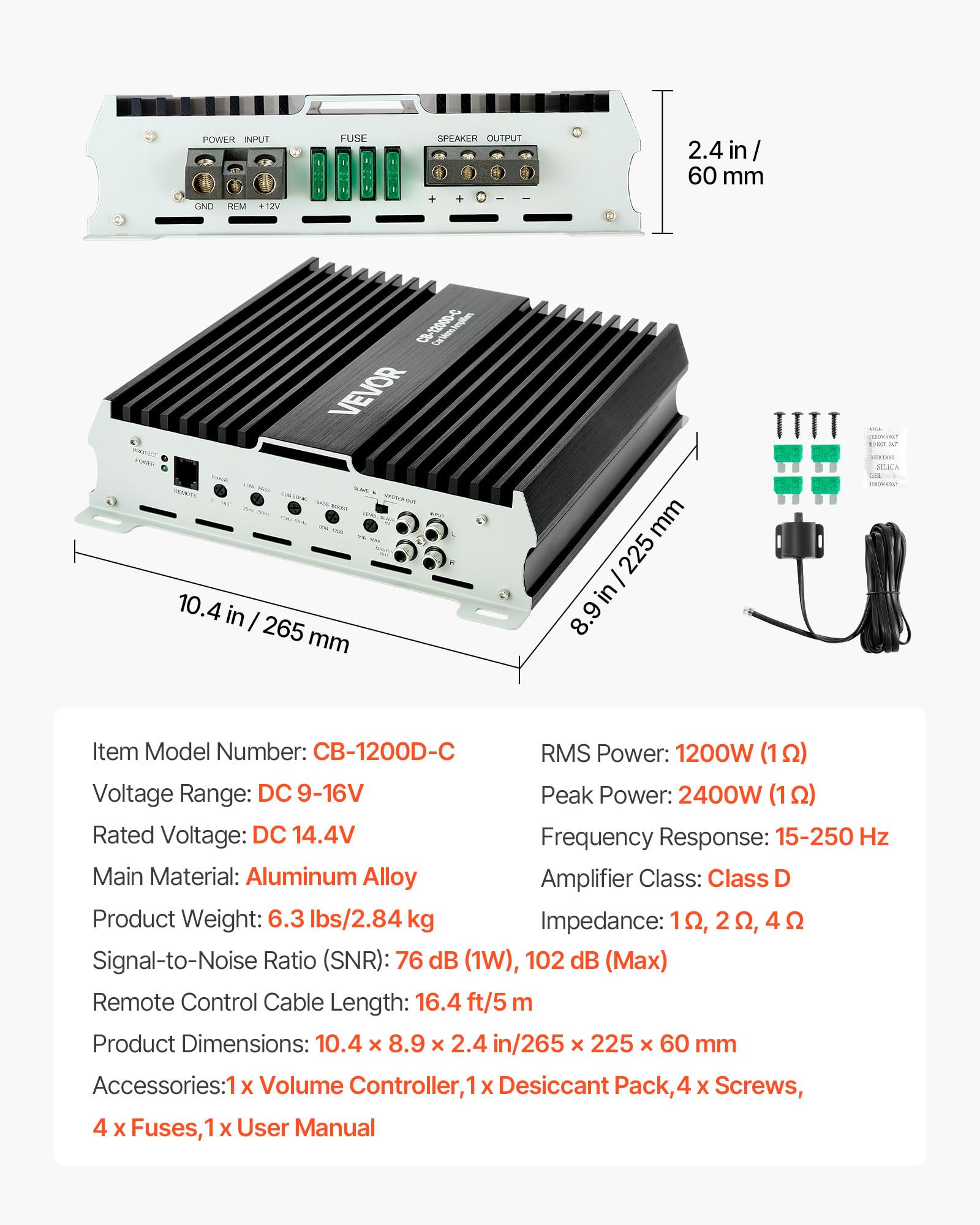 VEVOR Amplificador Monobloque a Coche 1200 W, RMS MÁX. 1/2/4 Ohmios, Clase D, con Control Remoto de Nivel Subwoofer, Filtro de Paso Bajo, Refuerzo de Graves, Cambio de Fase y Control de Volumen