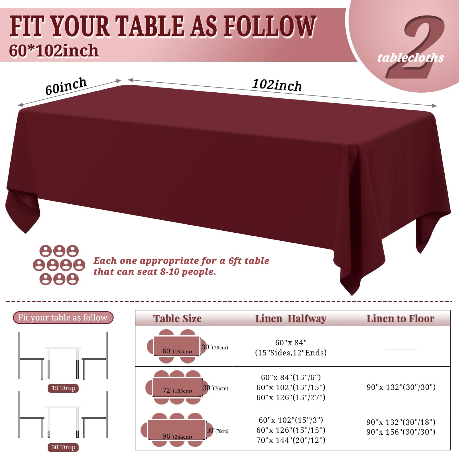 Pesonlook 2Pack Burgundy Tablecloths for 6 ft Rectangle Tables 60 x 102 Inch Rectangle Table Cloth Polyester Fabric Washable Table Cloth for Wedding Reception Banquet Party Restaurant - Image 2
