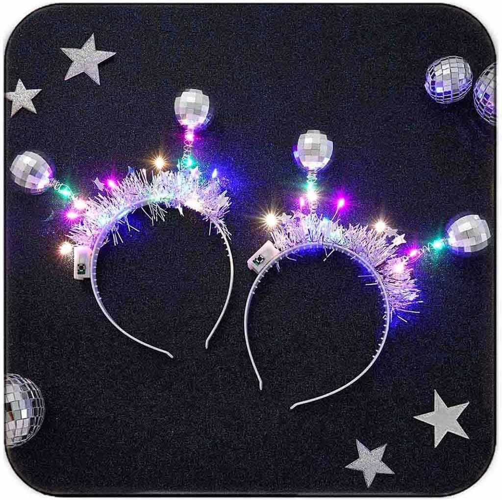 DRESBE Light Up Disco Ball Headbands Silver LED Alien Headband Glow Party Hair Accessories for Women(2pcs)