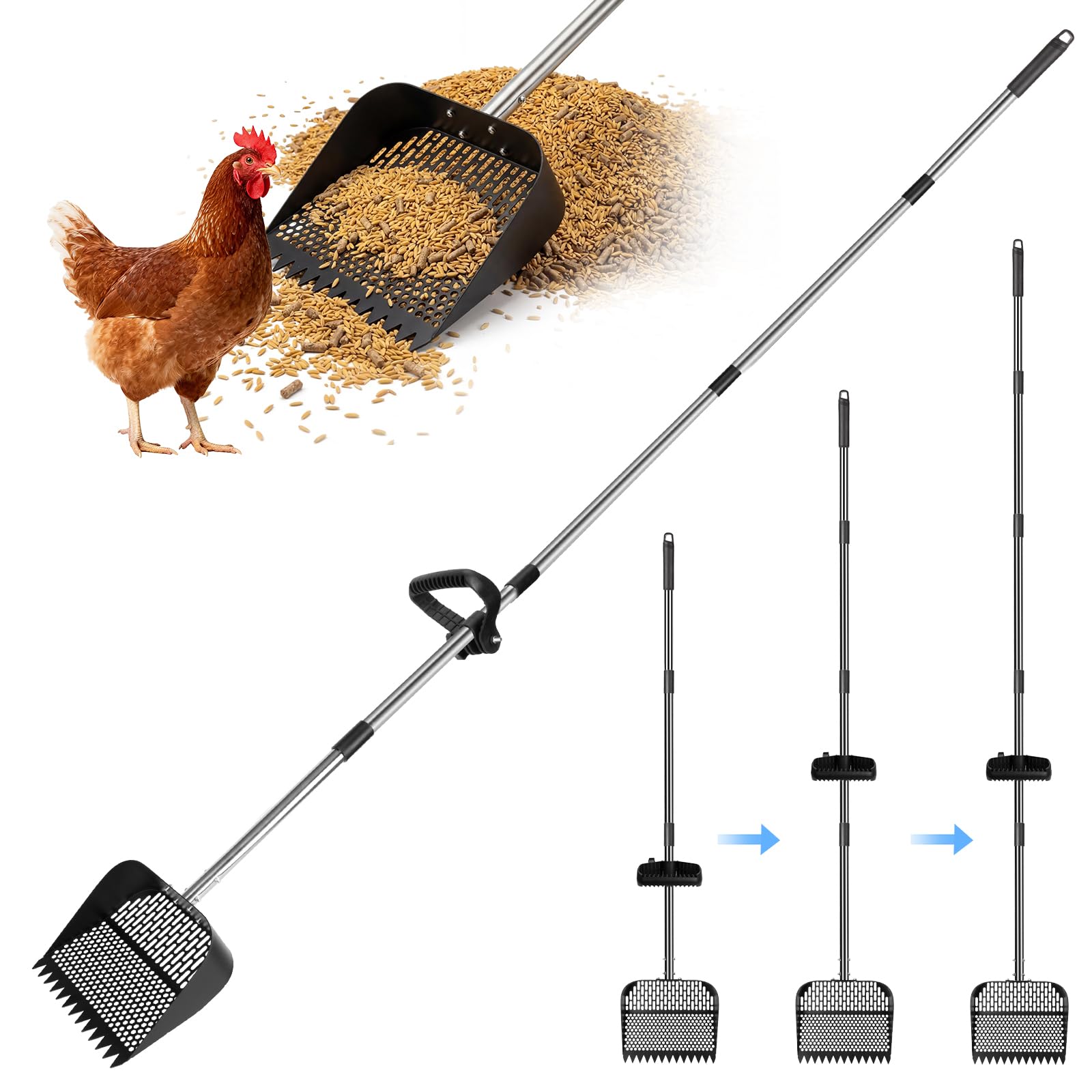 Pala lunga per pollo, multifunzione, per pollaio, separazione di feci e detriti di sabbia, pala per pollaio, per pollaio (172 cm)