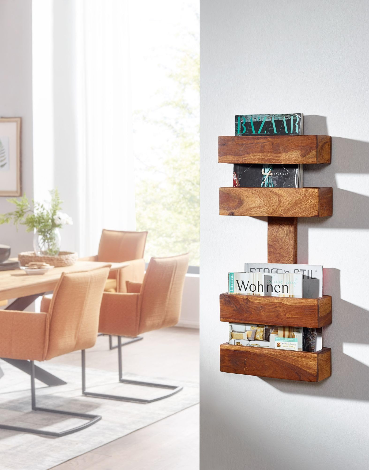 FineBuy Zeitungsständer Sheesham Massivholz 2 Ablagefächer Zeitschriftenständer Prospekthalter Landhausstil Material wählbar Braun