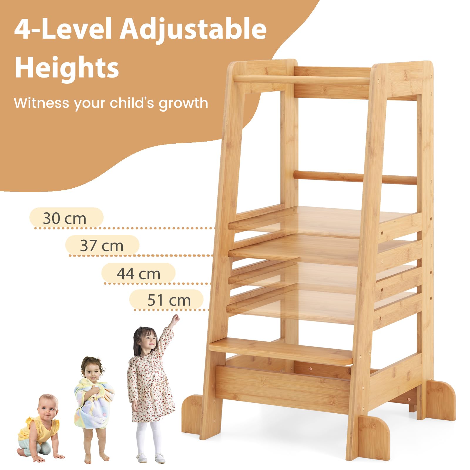 GYMAX Taburete para niños, Soporte de Cocina de bambú con Plataforma Ajustable en Altura y riel de Seguridad, Torre de Aprendizaje de Madera para baño, guardería