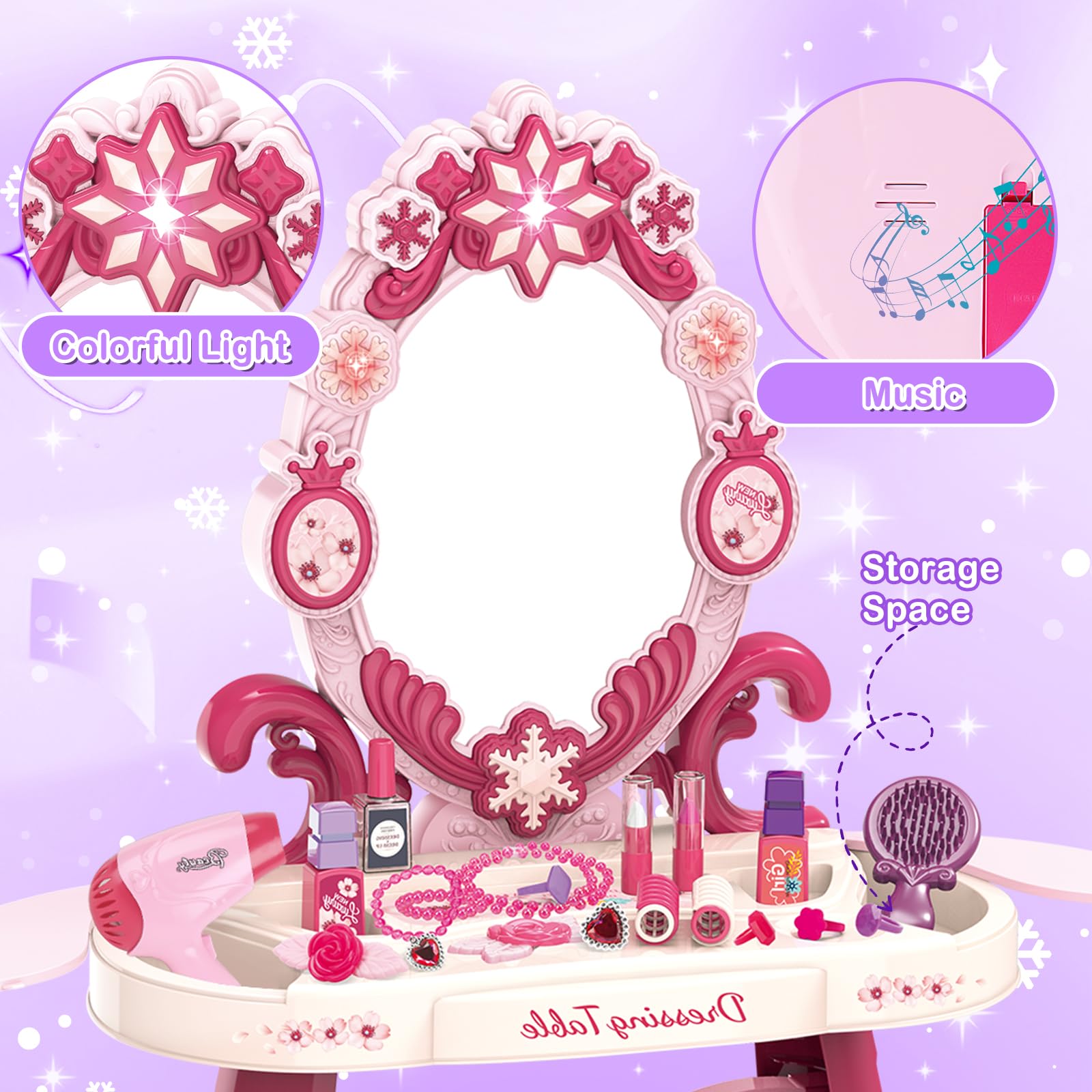 deAO Set Parrucchiera Bambina con Sgabello, Specchiera Trucco Bambina con Musica, Luce Salon Bambini Trucco Set per Ragazze Giochi Bambini da 3 Anni (Rosa)