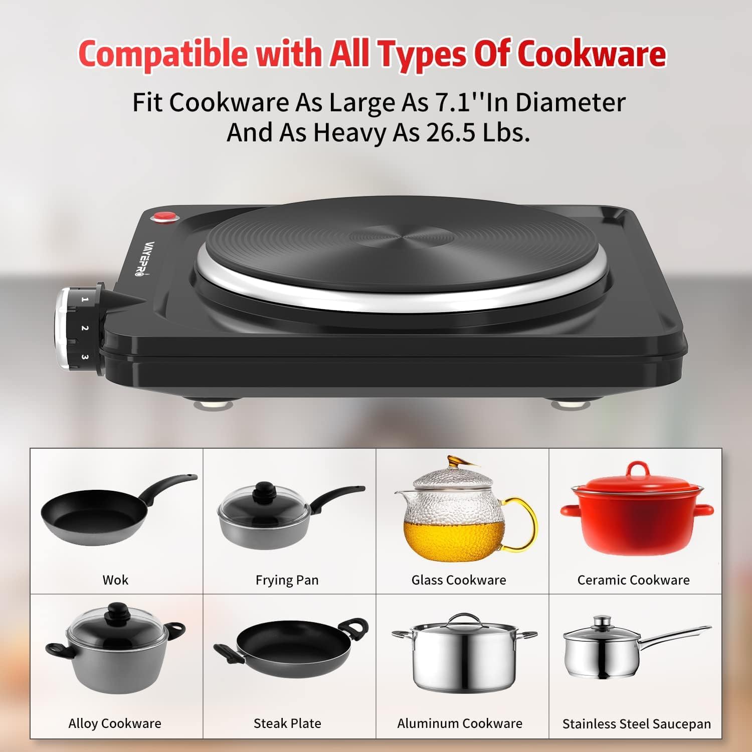  1500W Hot Plate, Portable Electric Stove, Single Electirc Cooktop, Portable Burner for Cooking, Cooktop for Dorm Office Home Camp, UL Listed, Compatible with All Cookware thumbnail