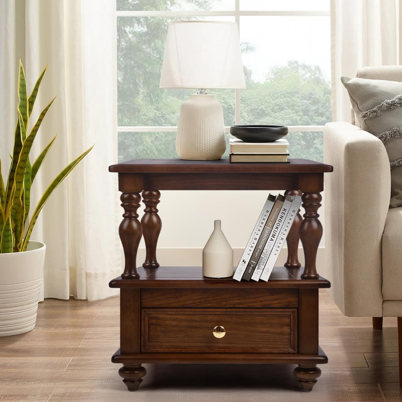 vintage square end table with 1 drawer and 2 hidden compartments, 2 tier side table with storage shelves, solid wood nightstand for small space, walnut