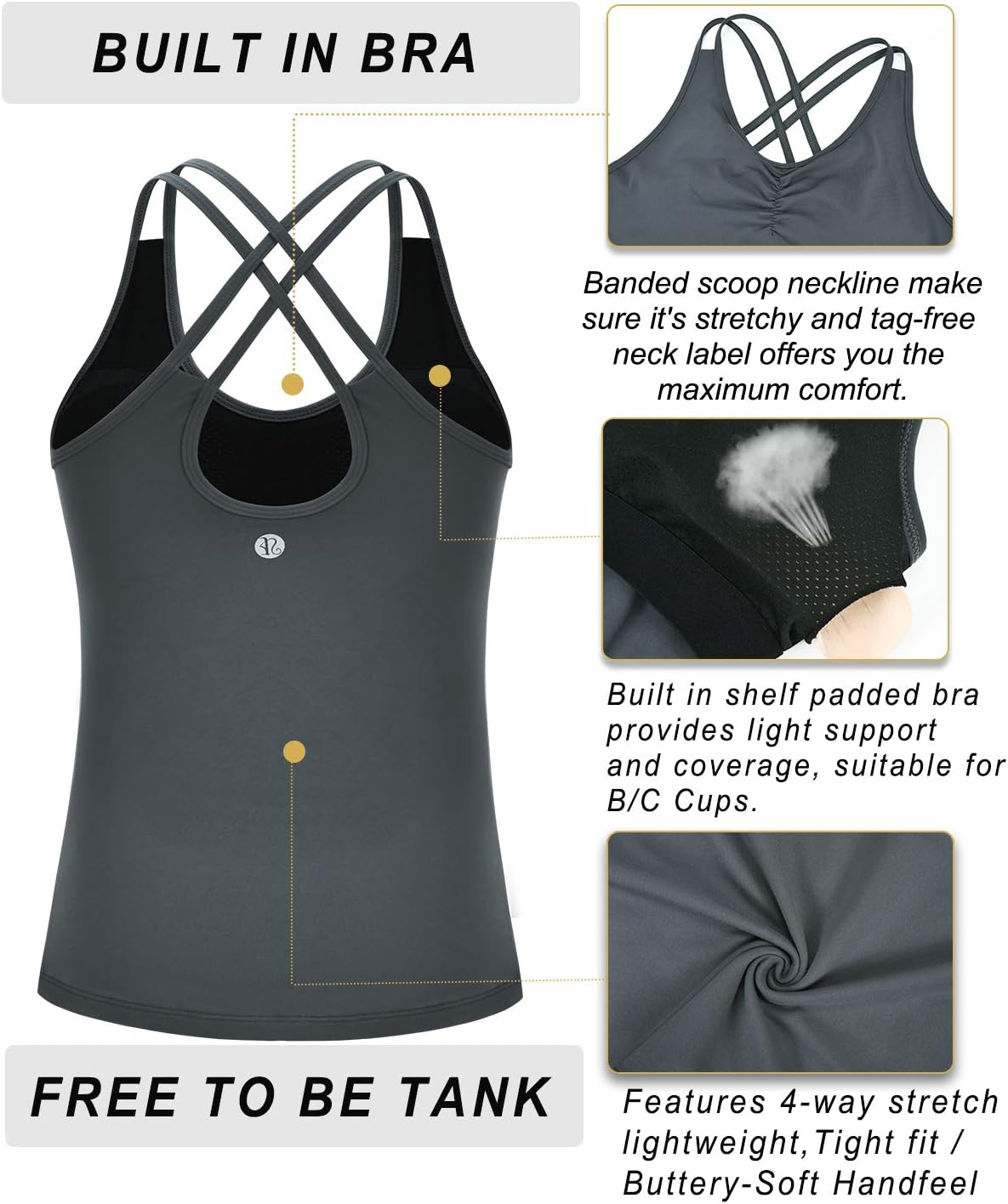 RUNNING GIRL Yoga Tank Tops for Women Built in Shelf Bra B/C Cups Strappy Back Activewear Workout Compression Tops