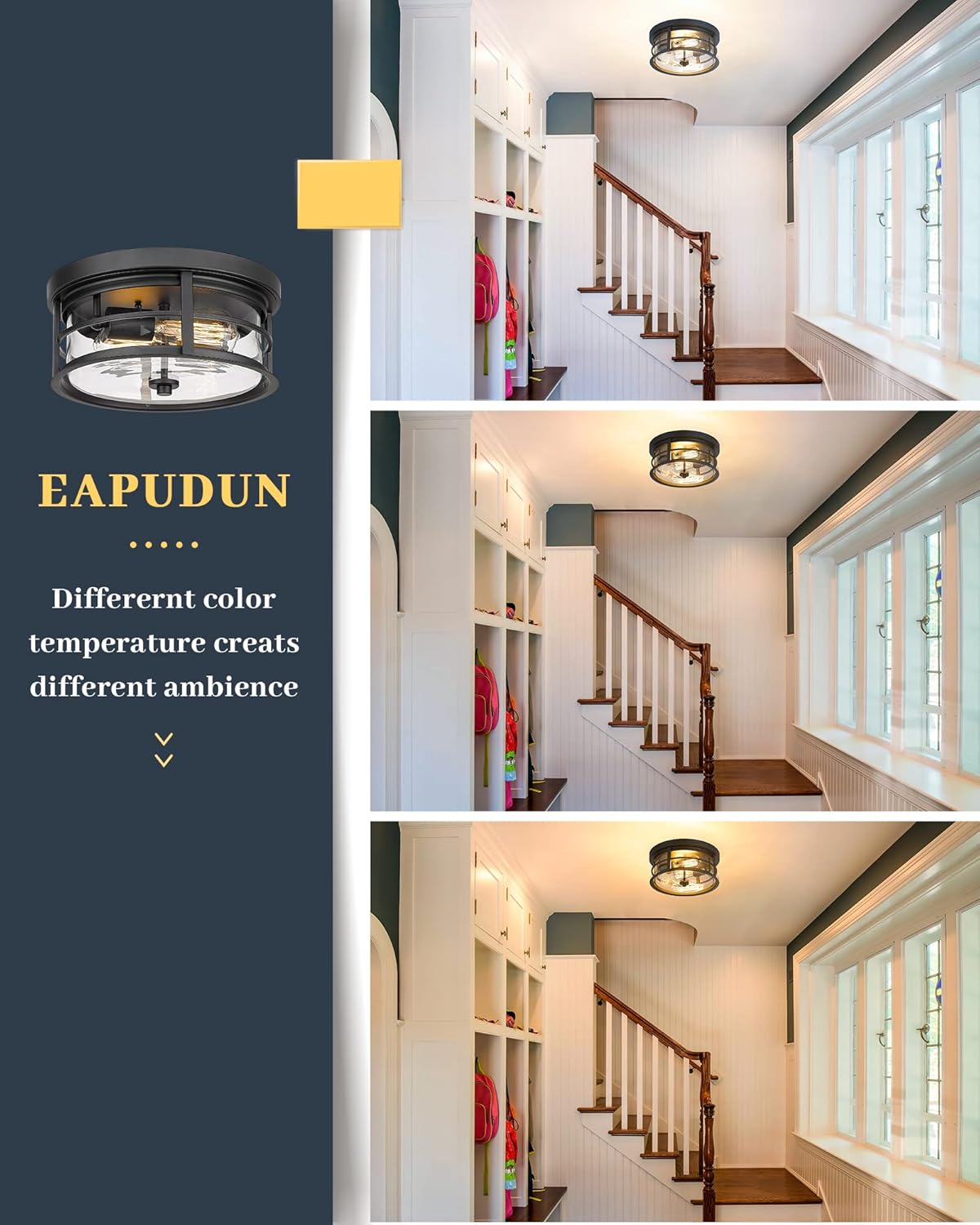 EAPUDUN Flush Mount Ceiling Light, 12inch 2-Light Metal Close to Ceiling Light Fixture, Matte Black Finish with Clear Glass Shade for Hallway Entryway Bedroom Porch FMA1412-MBK