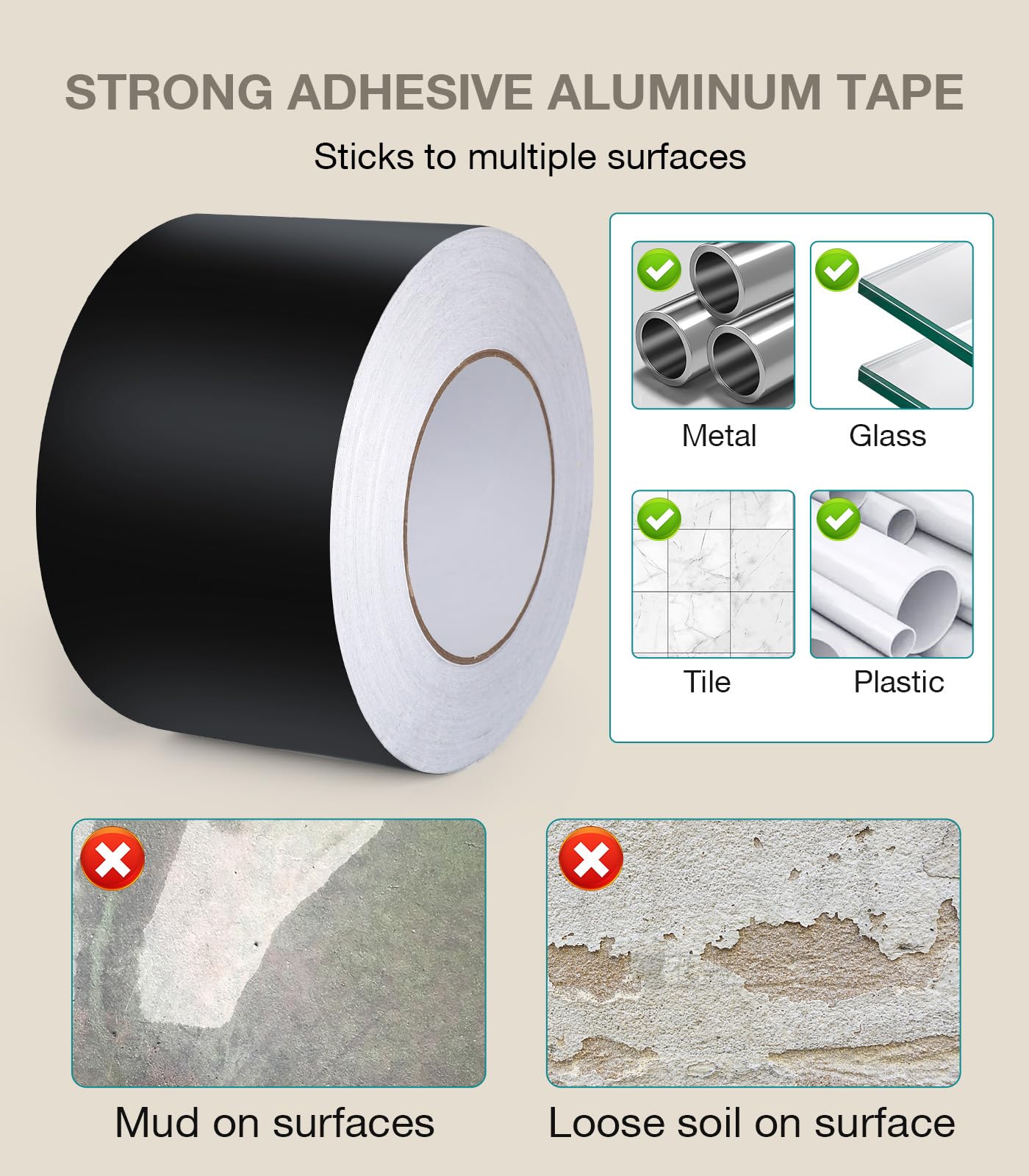 Cozary Cinta de Aluminio Negra 50mm x 20m,Cinta Aluminio Adhesiva Impermeable y Resistente al Calor,Cinta Selladora Metálica para Conductos de Aire Altas y Bajas TemperaturasTemperaturas