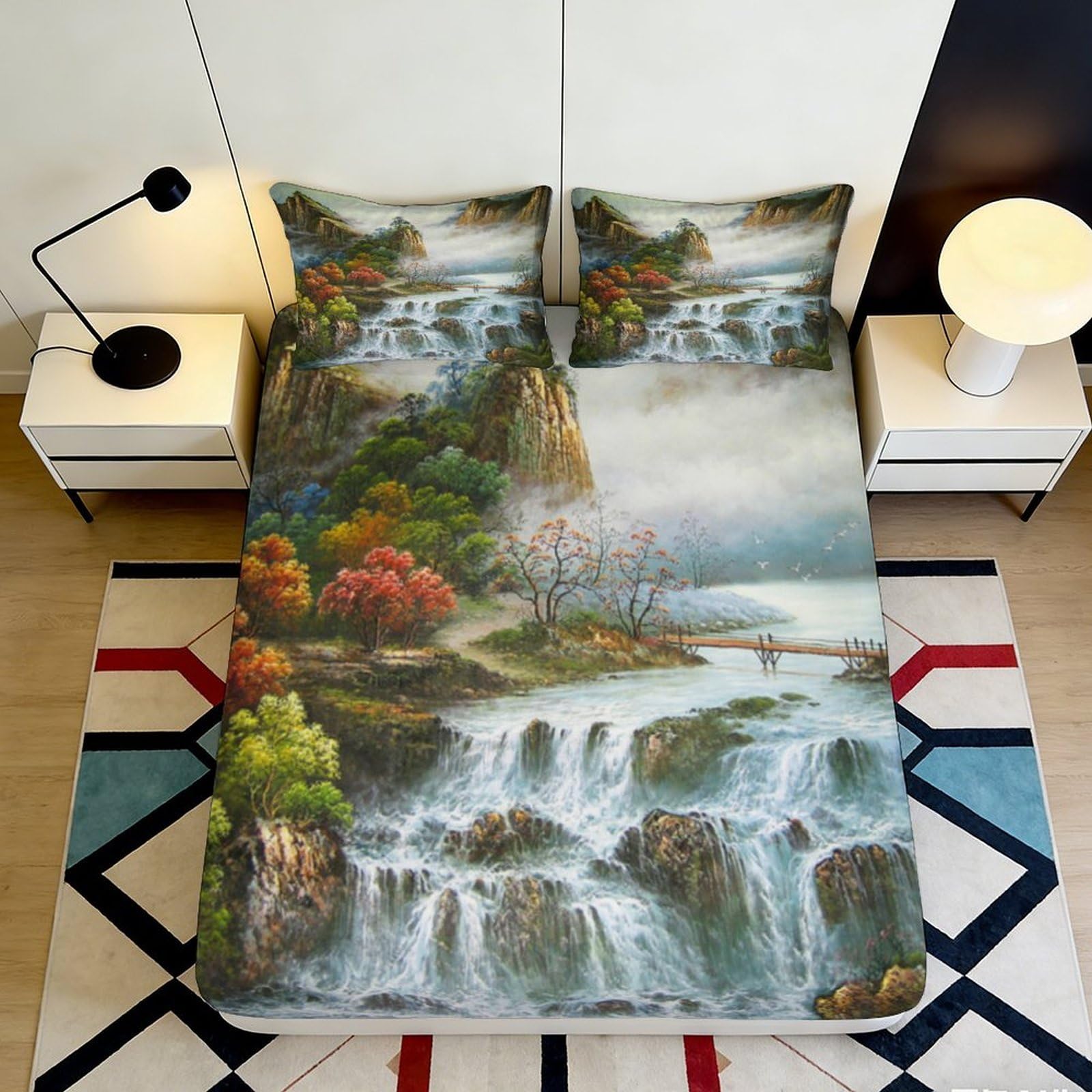 3D Printed Waterfall Landscape Fitted Sheet Microfiber Soft Durable Scenic River Bed Cover for Bedroom Dormitory Guest Room Mattress Protection 160x200x25cm