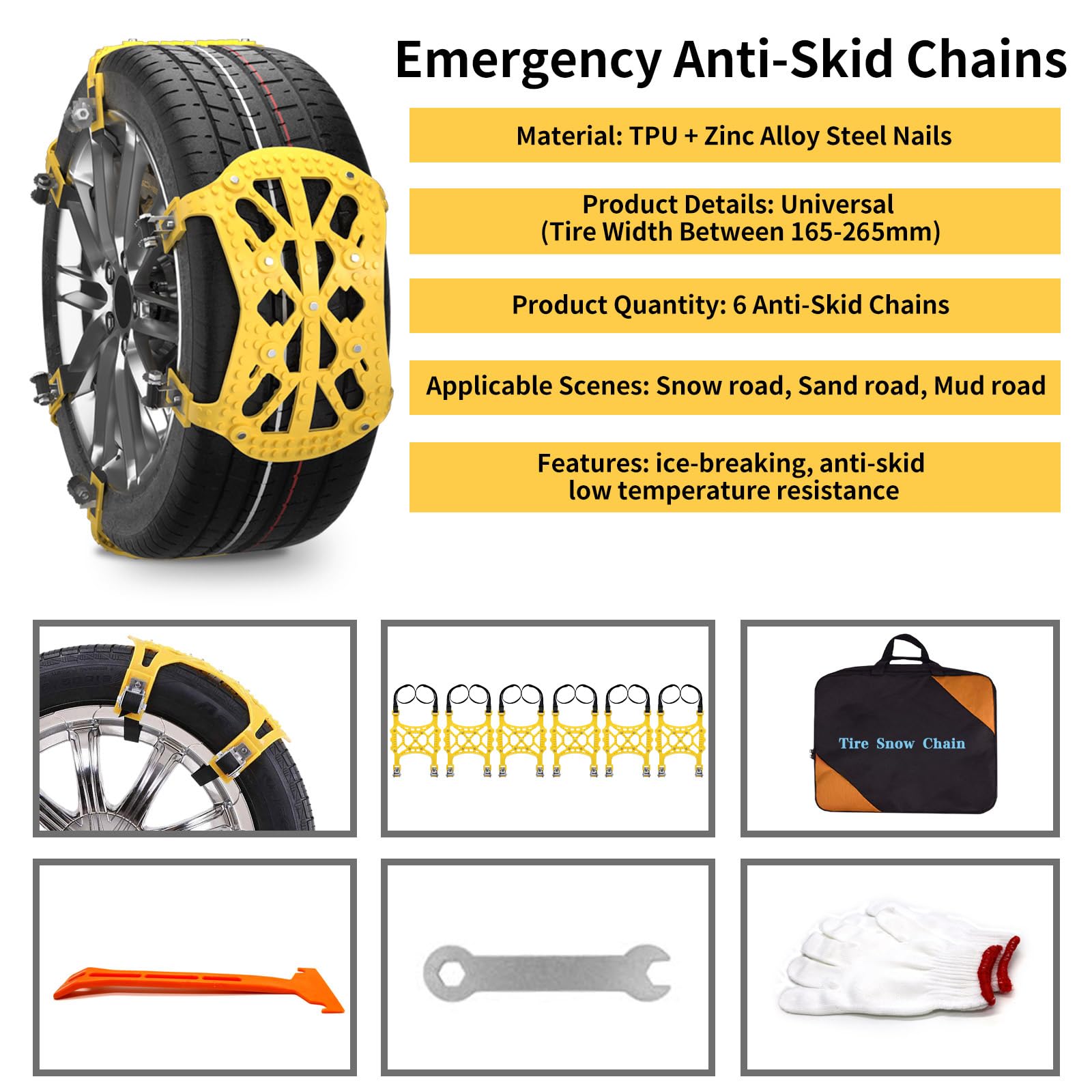 Cadenas coche nieve,adecuadas para neumáticos de 165~265 mm de ancho,6 paquetes de cadenas coche nieve universal,aptas para coches,SUV y ATV,cadena nieve,205 55 r16 215 55 r18 215 65 r16/r17/ r18 etc