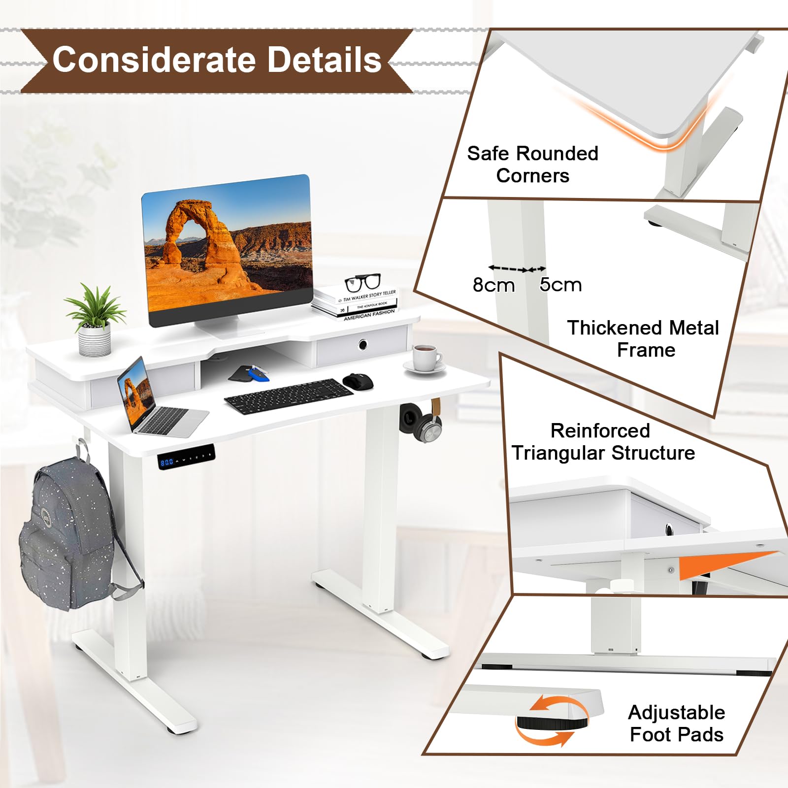GIANTEX Scrivania elettrica regolabile in altezza, con supporto per monitor, 2 cassetti, 2 ganci, piccola scrivania per computer con altezza regolabile da 73 a 122 cm, per studio e ufficio (bianco)
