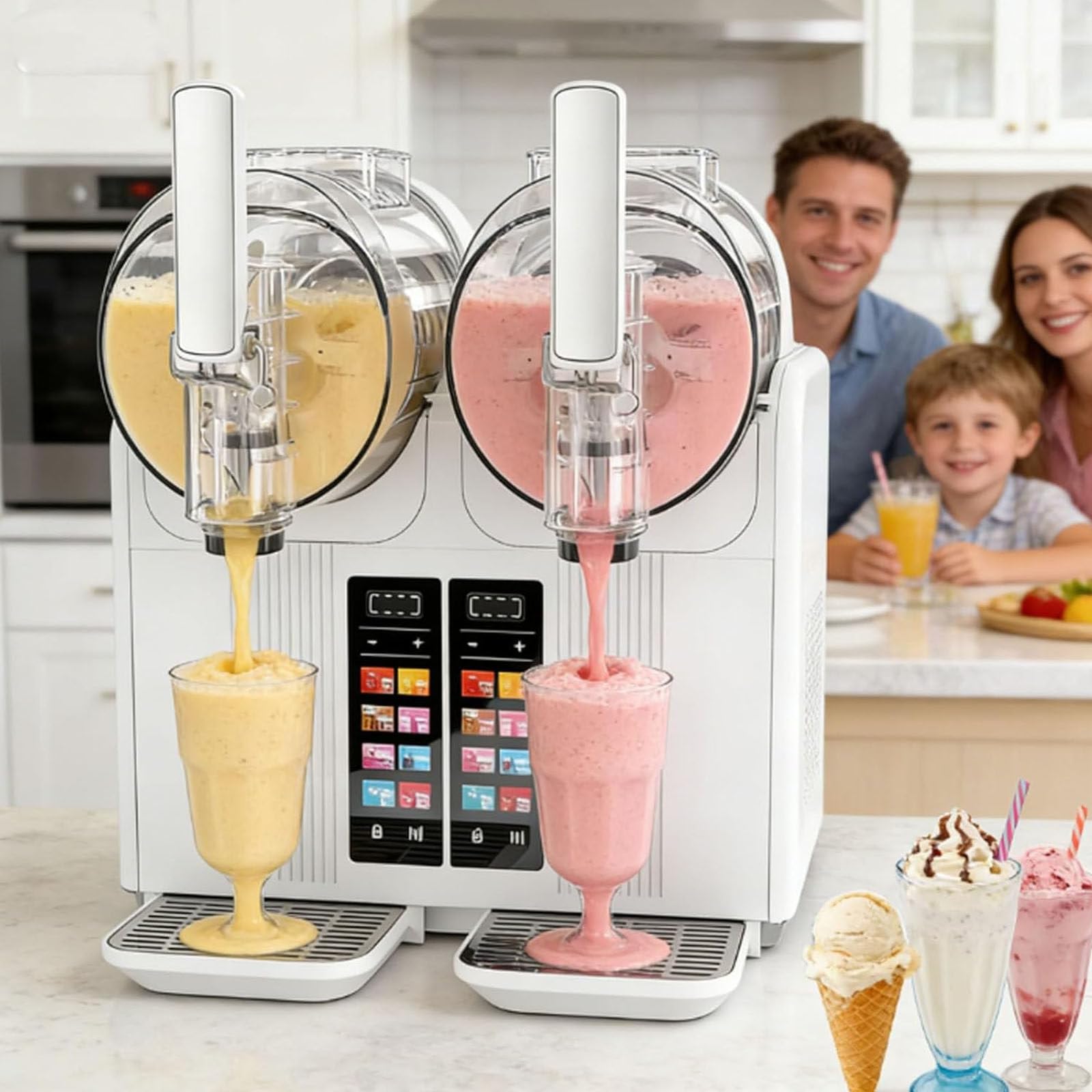 Drmoxin 7-In-1 Slushie Machine,430w Slushy Maker, Soft Serve Ice Cream Machine With 2 * 2l Tanks, 7 Presets,Touch Panel with Automatic Clean, Double-Headed For Home Café Bar Drinks And Desserts White