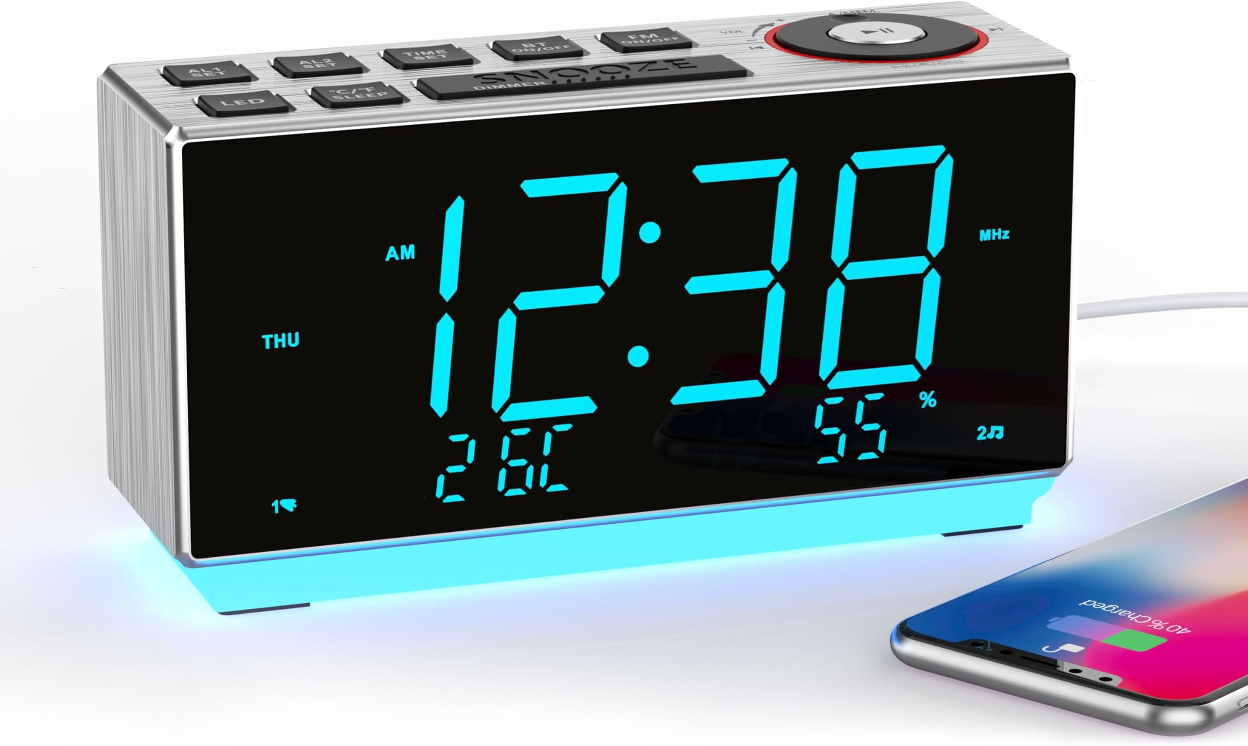 iTOMADual Alarm Clock with FM Radio, USB Charging, 1.8'' LED Display, Night Light, Snooze, Dimmer Control, Bluetooth Speaker, Temperature & Humidity Display CKS508