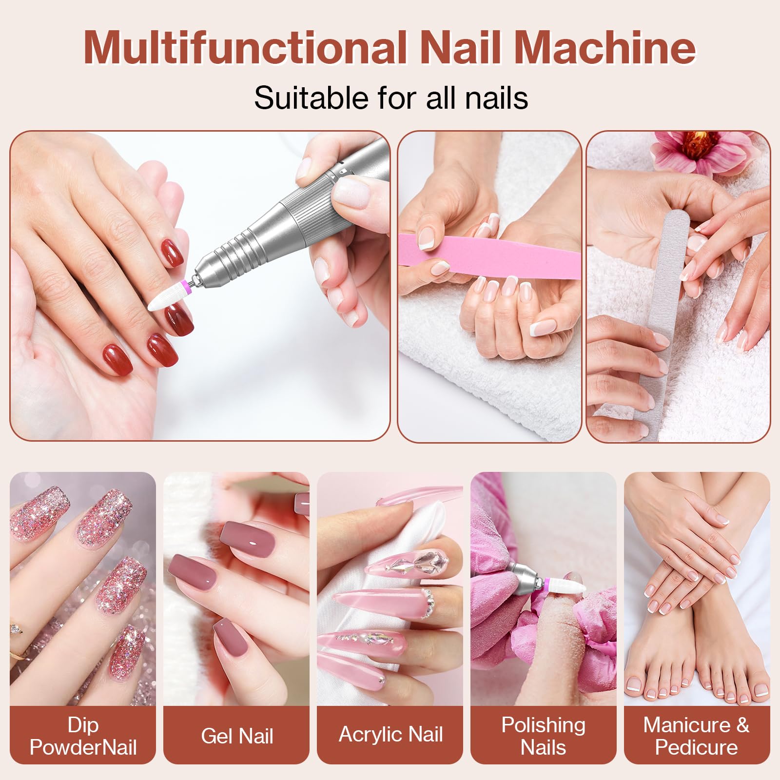 Trapano per unghie 45000 giri/min, lima elettrica per unghie in gel acrilico, set di lime portatile, trapano ricaricabile per manicure per uso domestico e salone, bianco