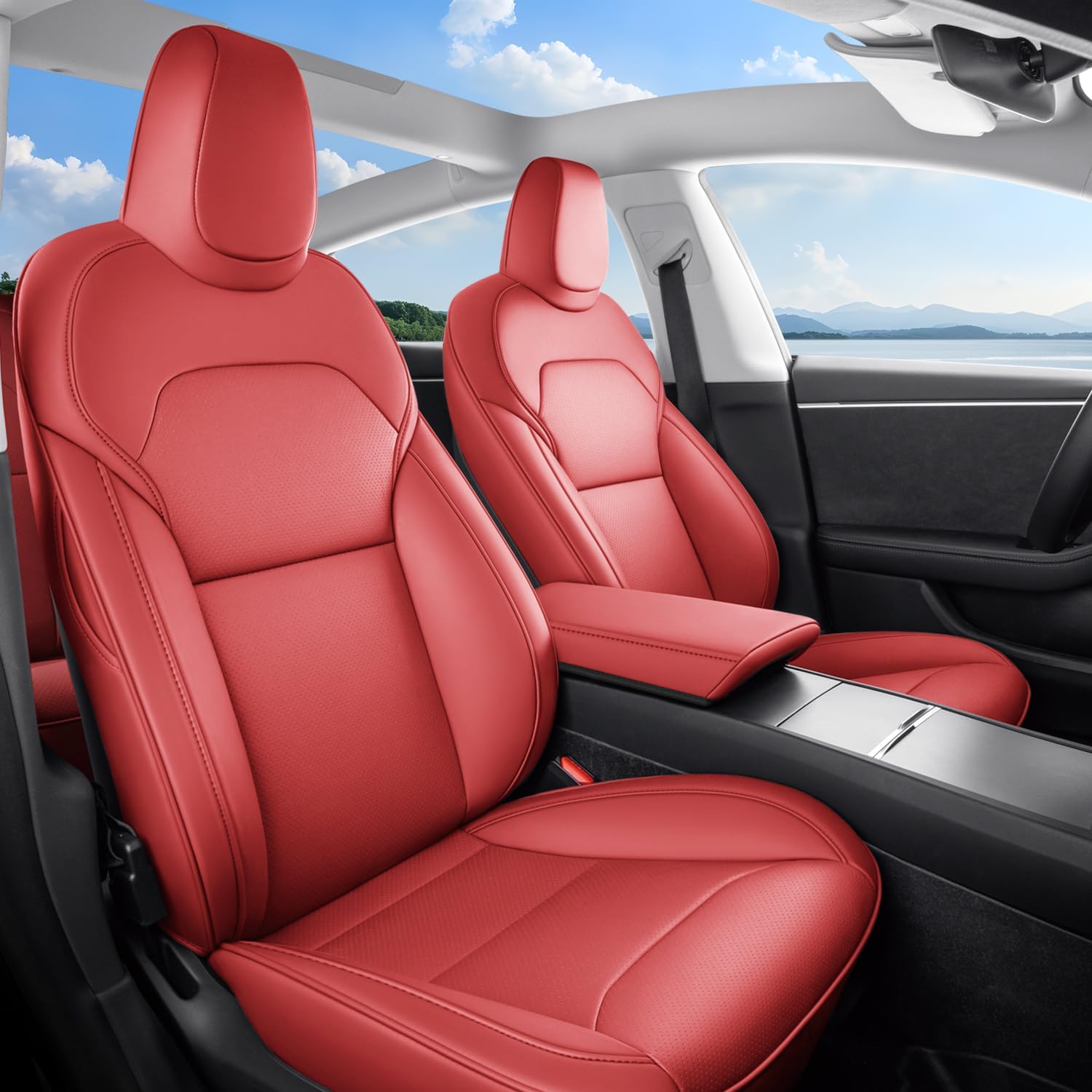 2024-2025 Tesla Model 3 Highland Upgraded Car Seat Covers Nappa Leather Car Interior Airbag Compatible Cushion Cover Full Set Custom Fit Model 3, Nappa Wine Red