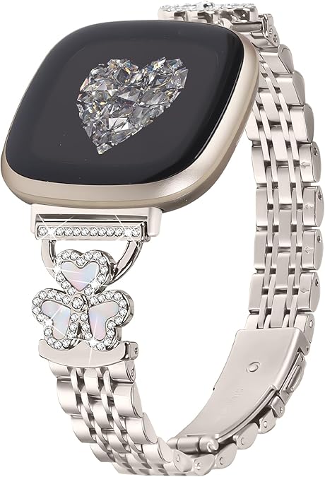 Bling Love Clover Bands For Women Compatible With Versa 4/Versa 3/Sense 2/Sense Stainless Steel Adjustable Replacement Strap.