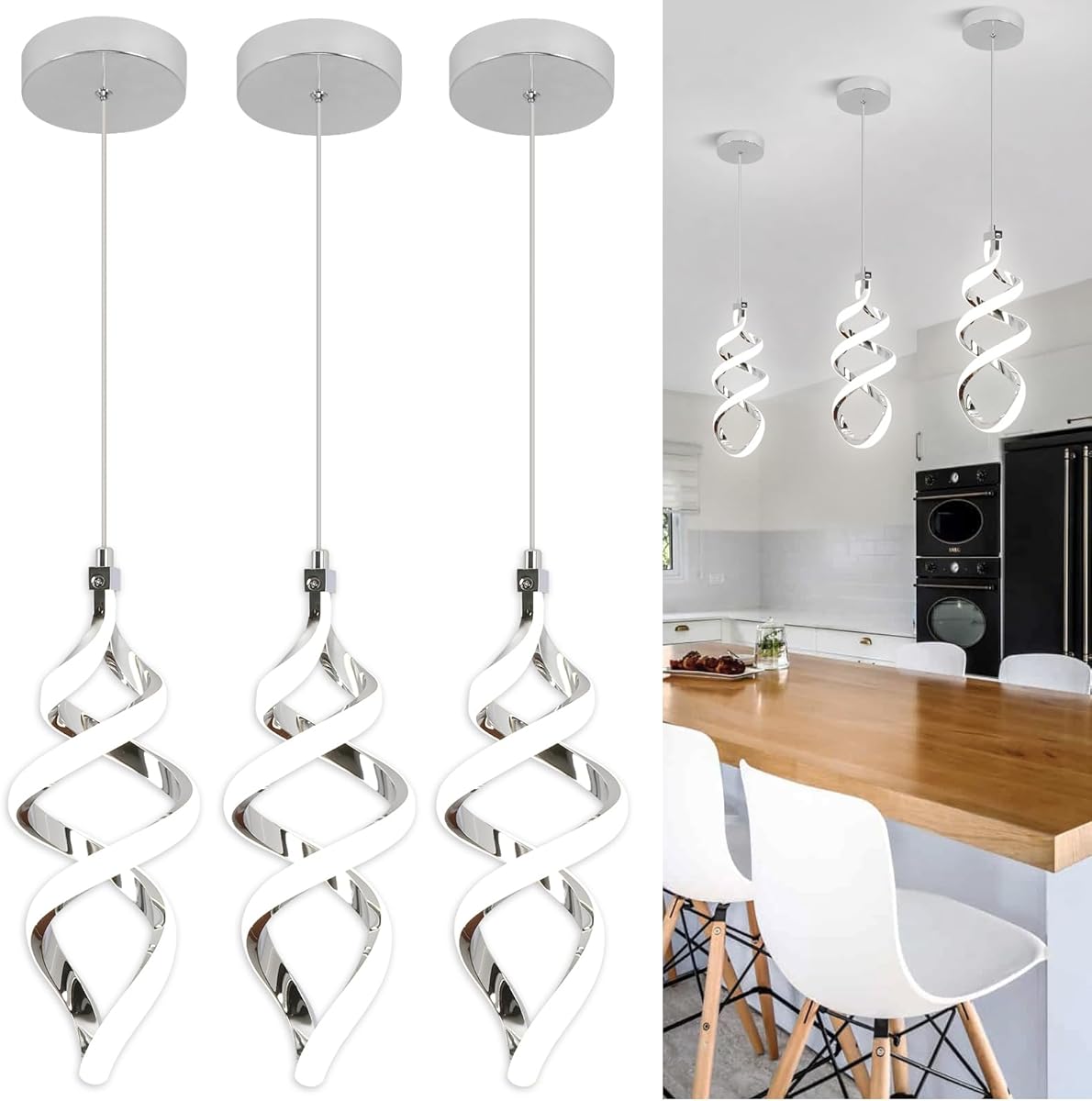 Modern Led Pendant Light Fixture, 15W Chrome Spiral Led Chandelier Hanging Lamp, 4500K Daylight White Pendant Lamp, Adjustable Height Pendant Light for Kitchen Dining Room Bedroom Kitchen Island Cafe