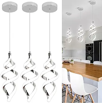 Modern Led Pendant Light Fixture, 15W Chrome Spiral Led Chandelier Hanging Lamp, 4500K Daylight White Pendant Lamp, Adjustable Height Pendant Light for Kitchen Dining Room Bedroom Kitchen Island Cafe