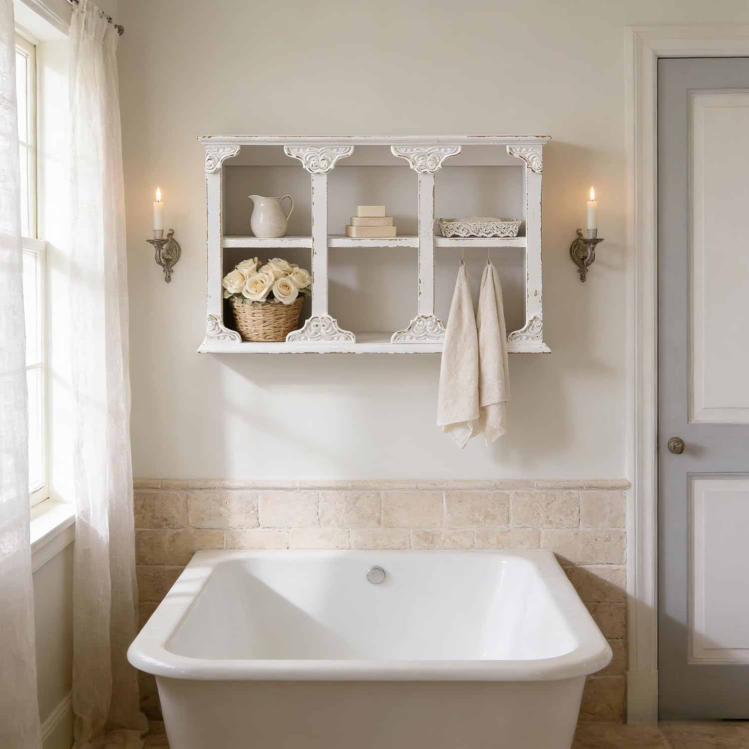 SOFE Vintage Rustic Floating Shelves for Wall White, 3-Tier Wall Shelf 24 Inch Long, Wood Shelving Unit for Bathroom Kitchen Entryway, Small Collectibles Wall Organizer, Ornate Scroll Corners