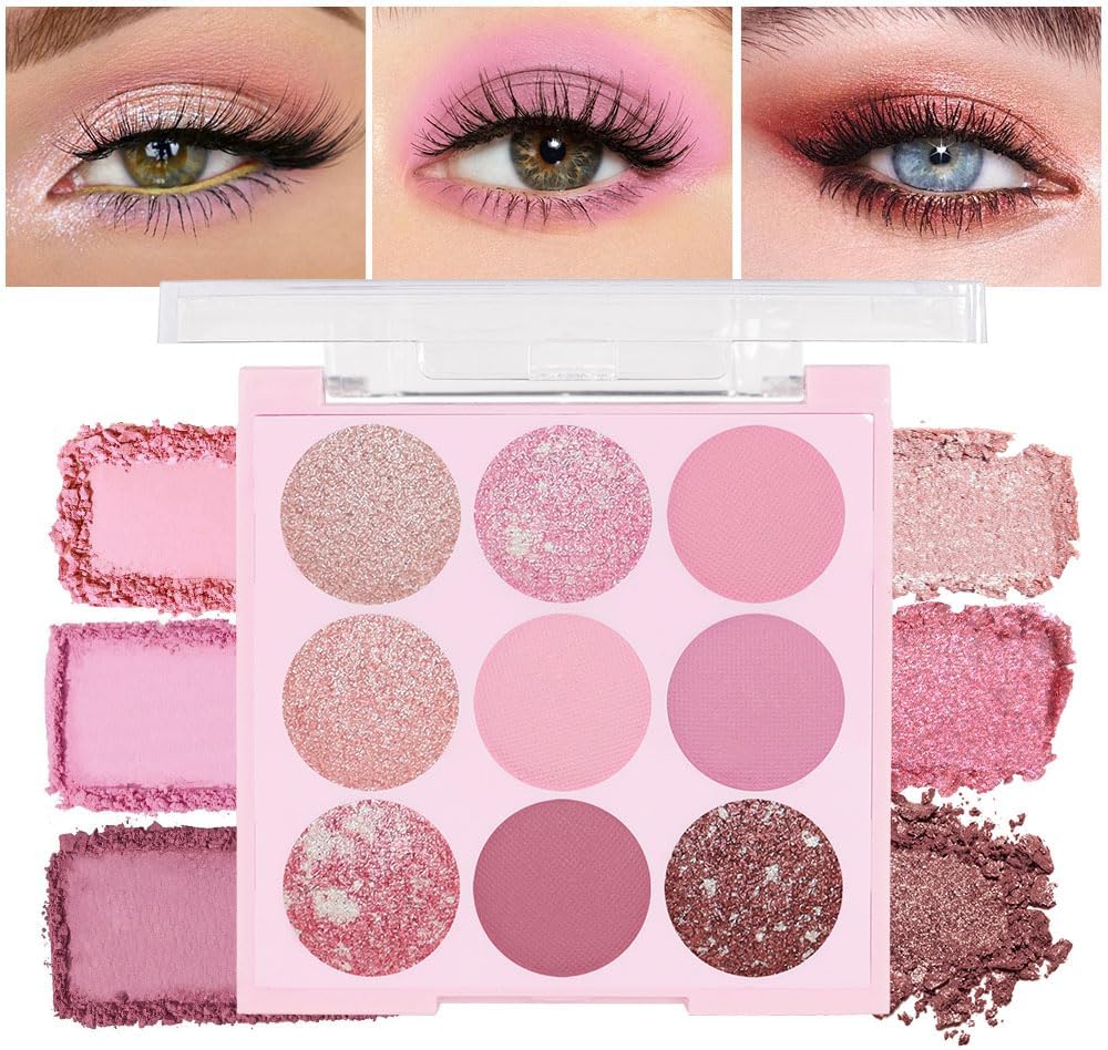 AMY'S DIARY Pink Shimmer Eye Shadow Makeup Palette 9 Colors, Highly Pigmented Matte Glitter Shimmer Pearl Waterproof Party Sparkling Eyeshadow Palette (02#)