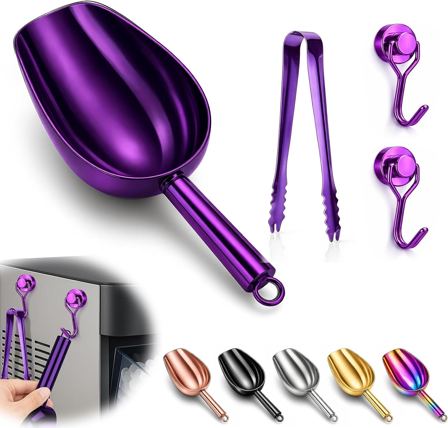 Stainless Steel Ice Scoop for Freezer with Magnetic Hook & Ice Tongs