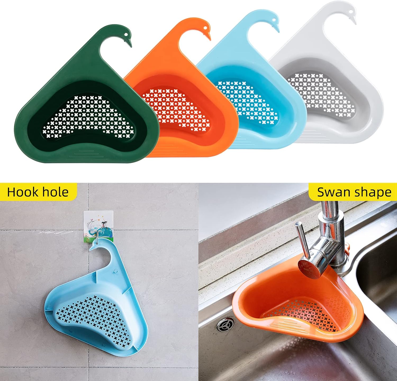 Kitchen Sink Drain Basket Swan Drain Rack - Multi-Functional Hanging Filtering Triangular Drain Shelf, Corner Kitchen Sink Strainer Basket Easy to Disassemble Fits All Sinks (4PCS2(Gray))