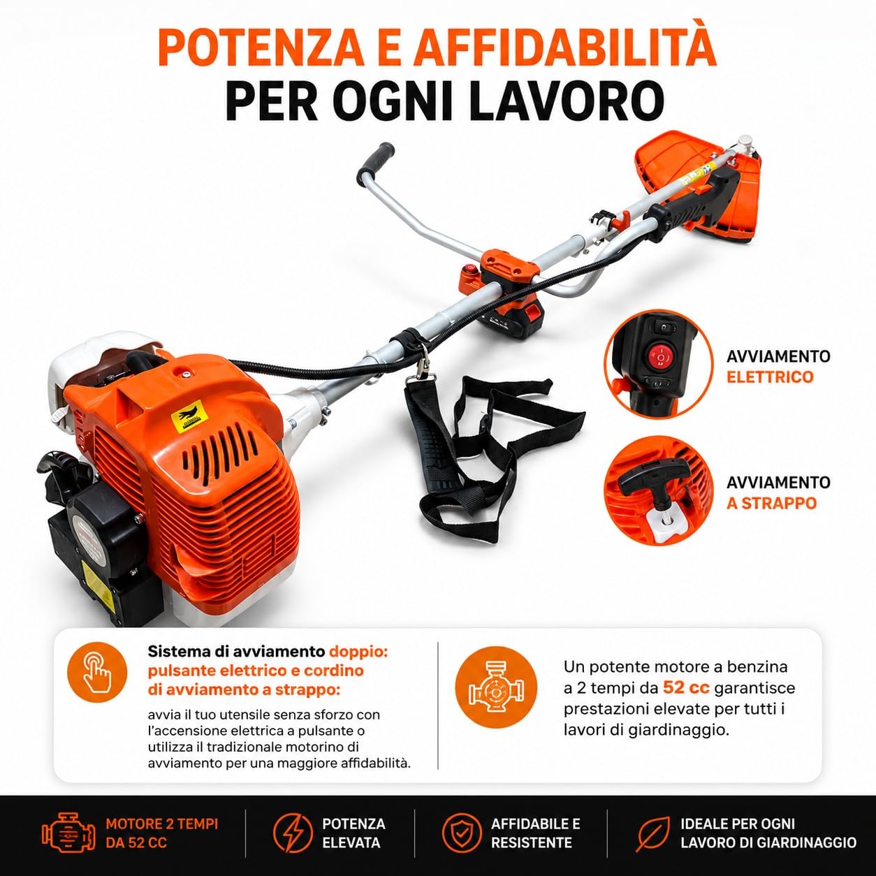 Decespugliatore a Scoppio 52cc 1.45kW 8500RPM Motore 2 Tempi con Manubrio Avviamento Elettrico con Batteria 12V e Manuale con Testina Doppio Filo e Disco tre Denti Acciaio per Erba, Giardino, Arbusti