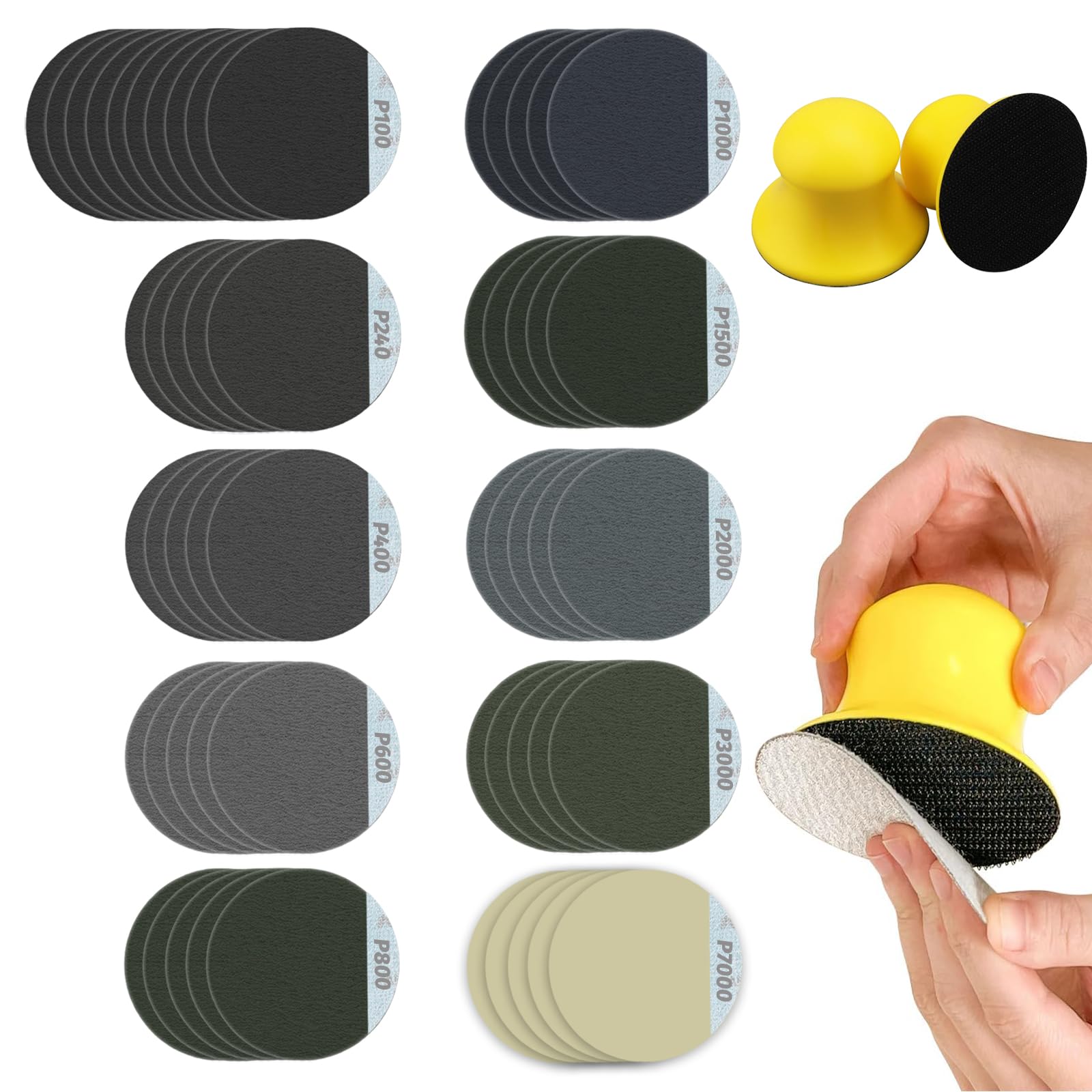 Kit De Lijado 50 Piezas + 2 Bloques De Mano - Granos 100 A 7000 Para Madera, Metal, Coche