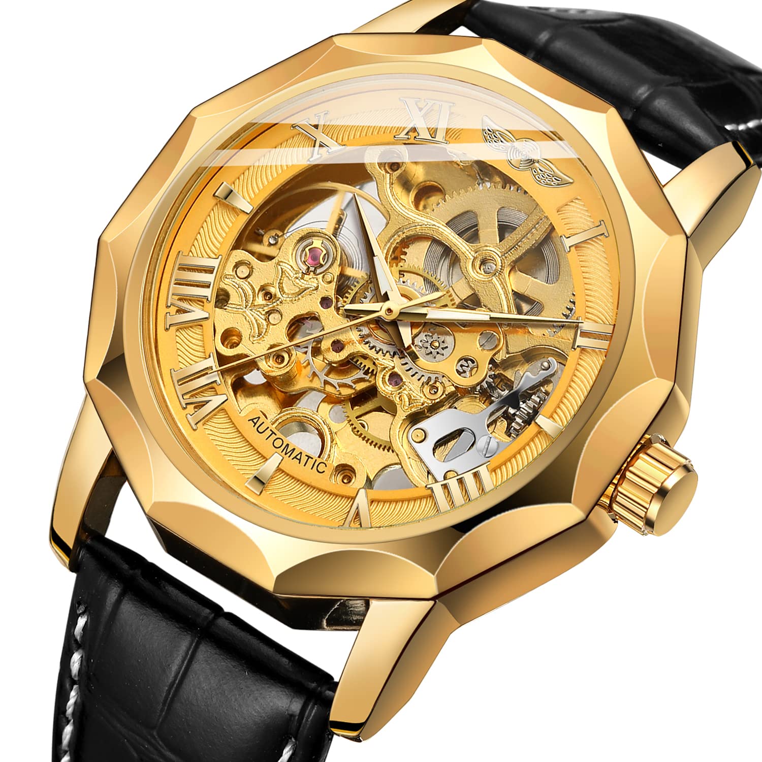FORSINING Herren-Armbanduhr, automatisch, mechanisch, Dodekagon, Skelett, römische Ziffern, echtes Lederband, Tourbillon-Armbanduhr