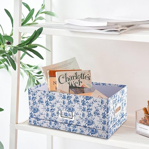 Miniatura 5 de Briful Juego de 2 cajas de almacenamiento de porcelana azul y blanca con tapas, elegantes cubos organizadores de anidación floral, juego de cajas de