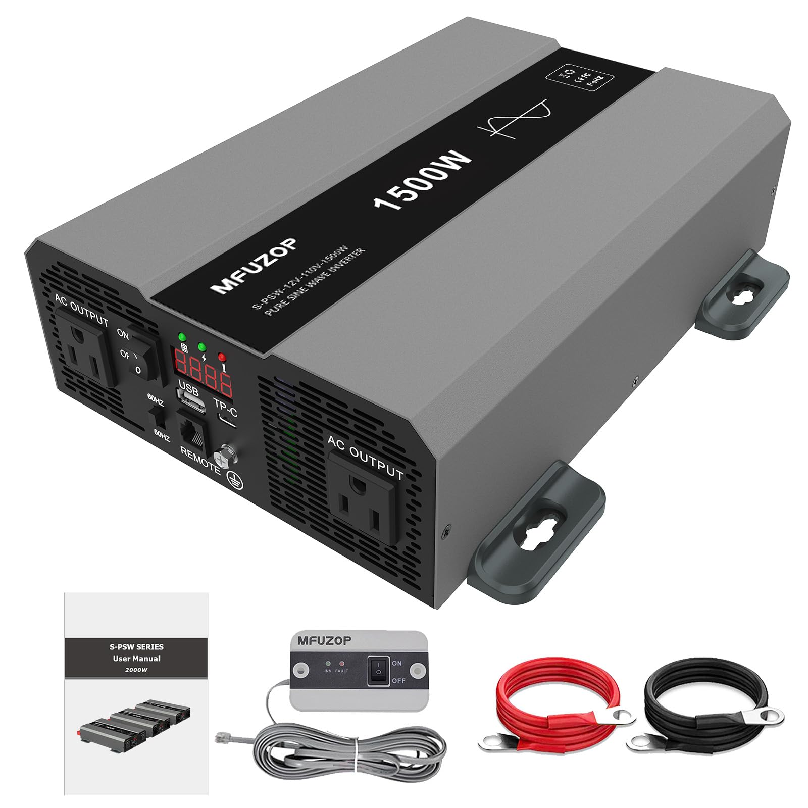 3000W Pure Sine Wave Power Inverter 12V DC to 120V AC Converter for Car, RV, Truck, Off-Grid Solar System, LCD Display, Dual AC Outlets, USB Port, Rated 1500W Home Power Converter