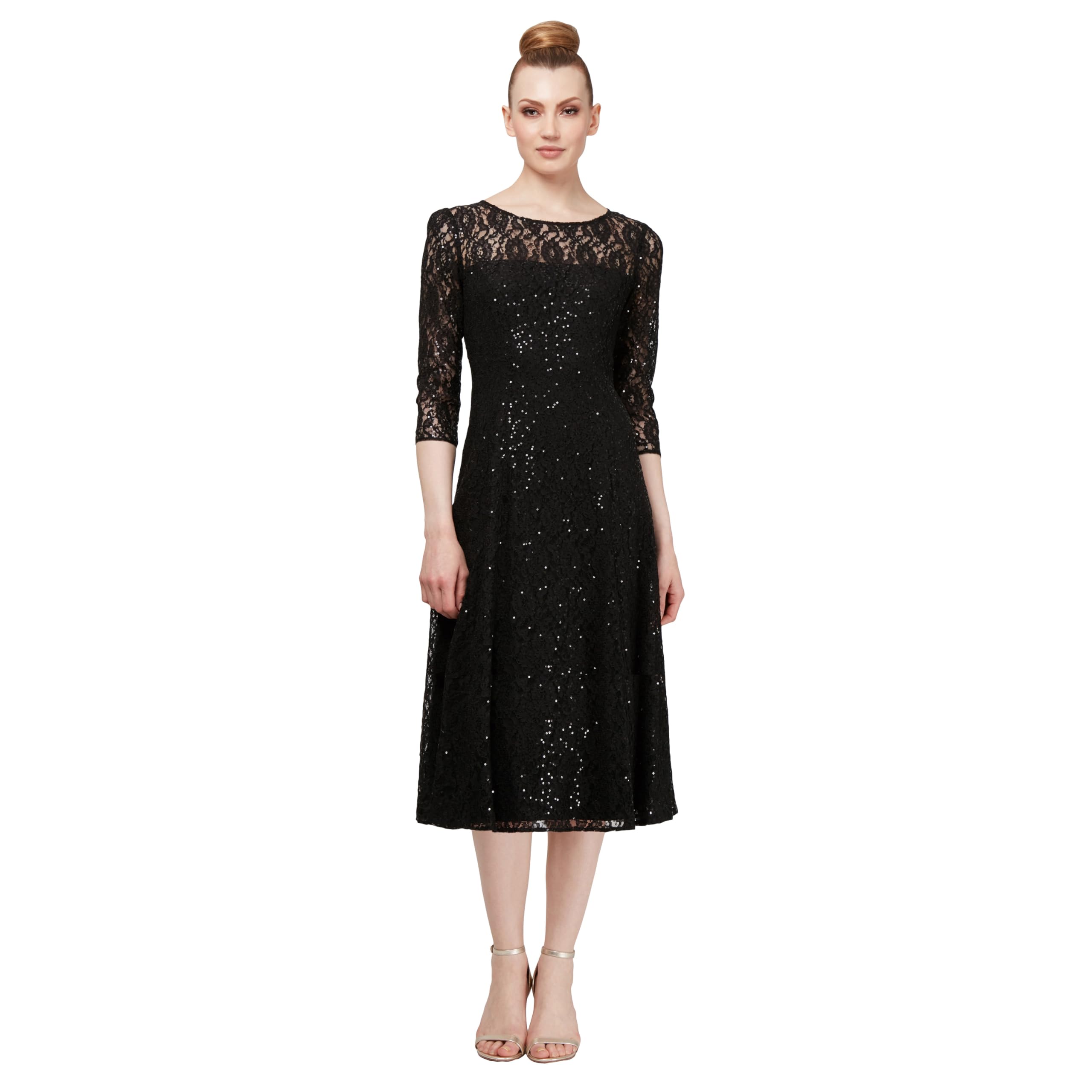 Womens Tea Length Three Quarter Sleeve Sequin Lace Dress