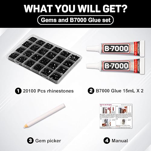 Miniatura 2 de B7000 - Pegamento para joyería con 20100 piezas de diamantes de imitación negros con parte trasera plana para manualidades, gemas negras con