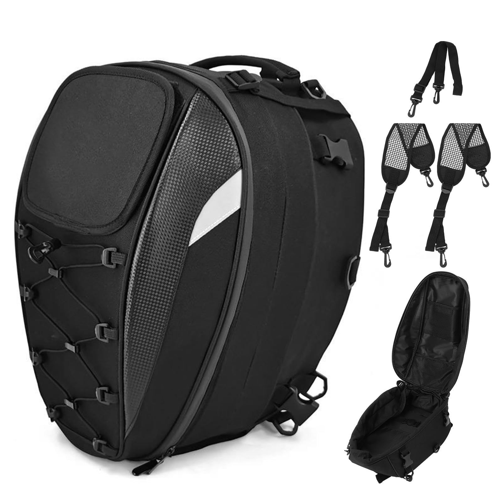 45L Motorrad-Hecktasche, Heckhelmtasche aus Oxford-Stoff, wasserabweisend, mit Reflektoren und Netzfach, erweiterbarer Rucksack mit Schultergurt Rückenpolster für Touren Pendler Fahrer Reise