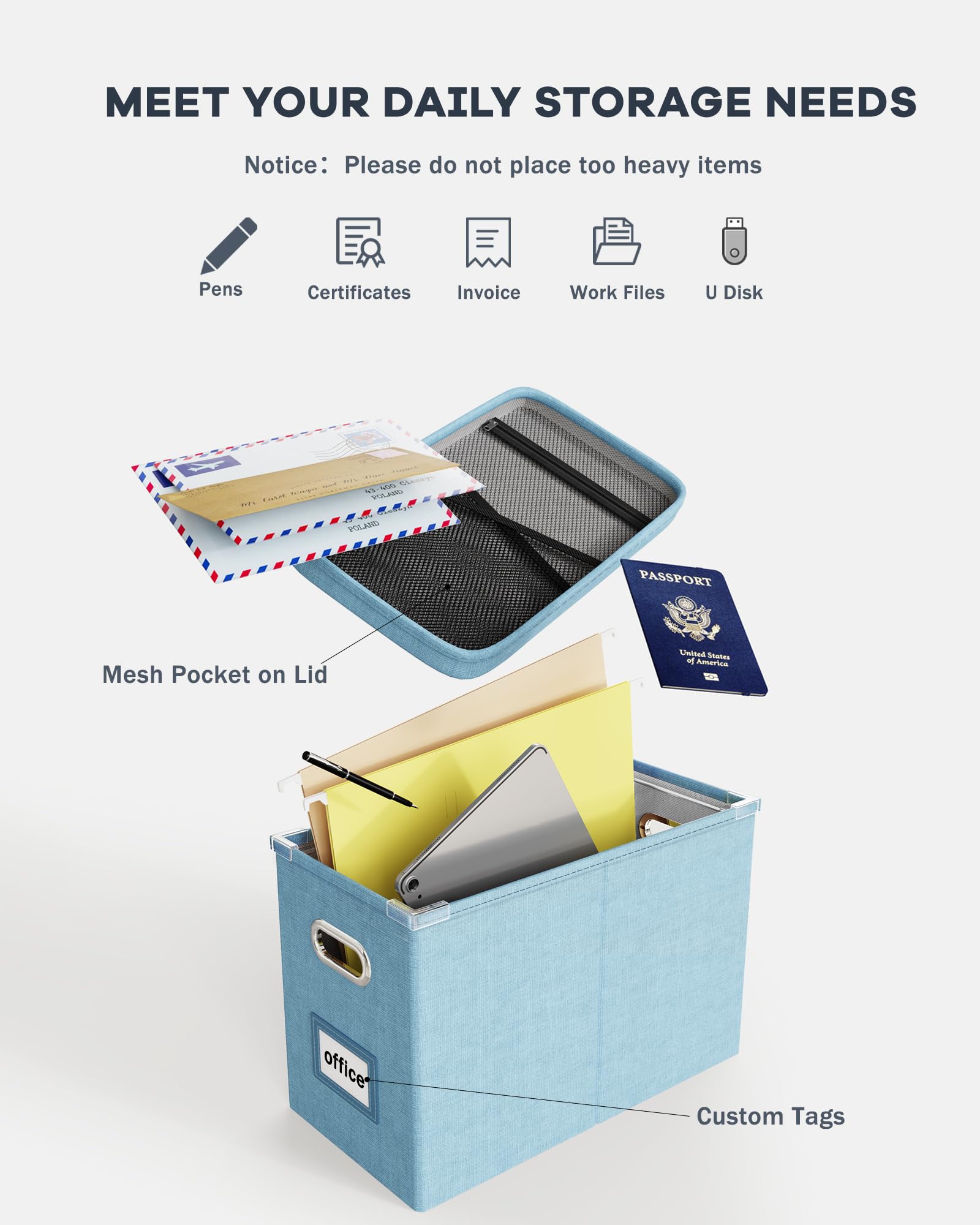 Oterri Scatola organizer per documenti con coperchio, da appendere, con tasca in rete, organizer per documenti per lettere, scatola portatile con guida scorrevole liscia, per ufficio e casa (1 pezzo,
