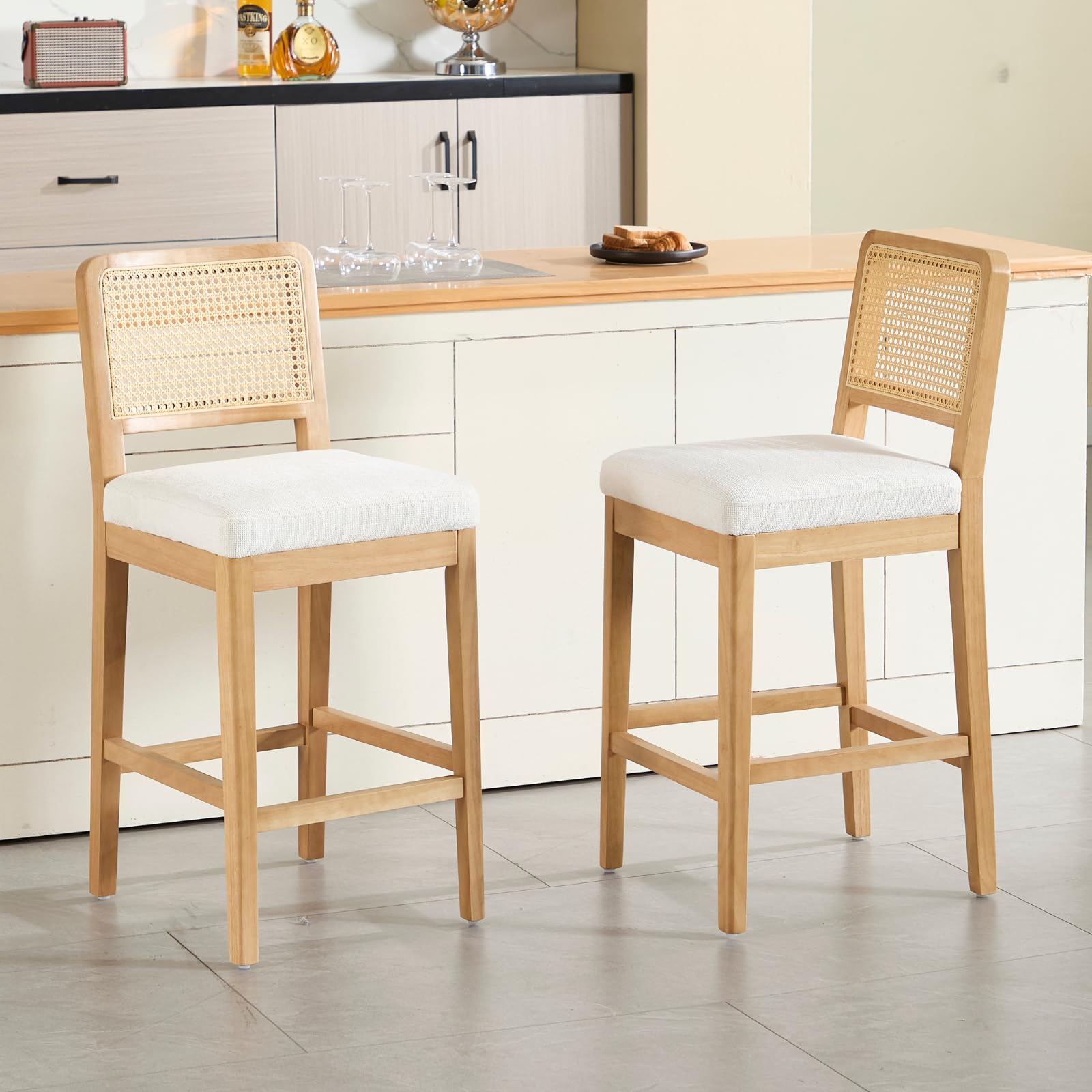 Bar Stool with Rattan Back (Set of 2 Bar Chairs with Solid Wood Legs, Stools, Chenille Countertop, for Kitchen, Ilot Central, White