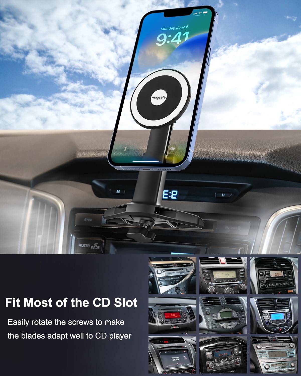 Se adapta a la ranura de CD MagSafe para coche [20 imanes fuertes] Soporte magnético para teléfono para reproductor de CD de coche, accesorios de coche, soporte magnético para teléfono celular