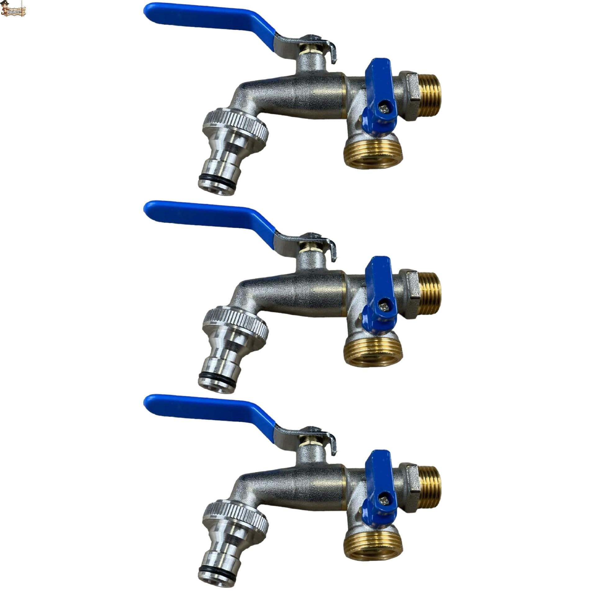 BricoLoco.com Grifo exterior doble salida con adaptador manguera. De pared. Pack 3 uds. Jardín o terraza. Dos salidas para conectar manguera, lavadora, programador riego... 1/2" x 3/4” x 3/4” (3)