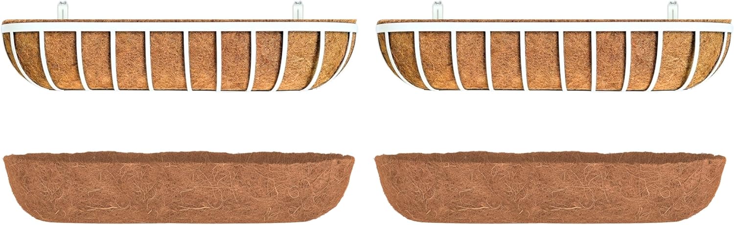 LaLaGreen Bundle- 2 Pack, 36 Inch White Metal Basket with Coco Liner + 2 Pack, 36 Inch Coconut Coir Insert Rectangular Balcony Hanging Rail Planter Outdoor Flower Boxes with Bracket Fence Patio Garden