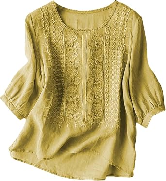 Womens Cotton Summer Tops 3/4 Sleeve Linen Mexican Embroidered Shirts Plus Size Lace Tunic Blouses,2025