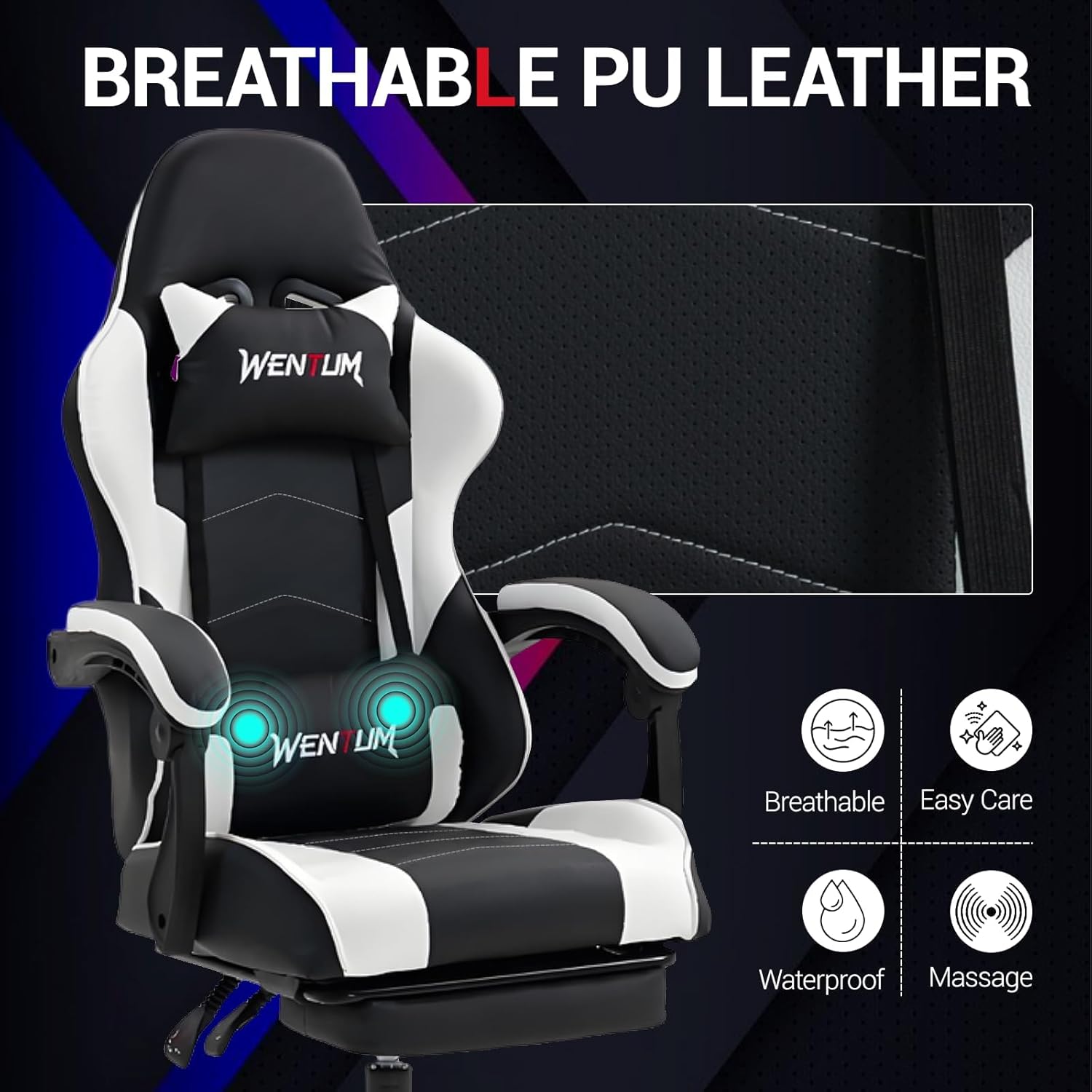 71Zaa7foSBL._AC_SL1500_ Gaming Chair with Footrest for Adults - PU Leather Video Game Chair w/Massage Lumbar Support for Men Women, Ernogomic Computer Gamer Chair for Home Office, Height Adjustable, White