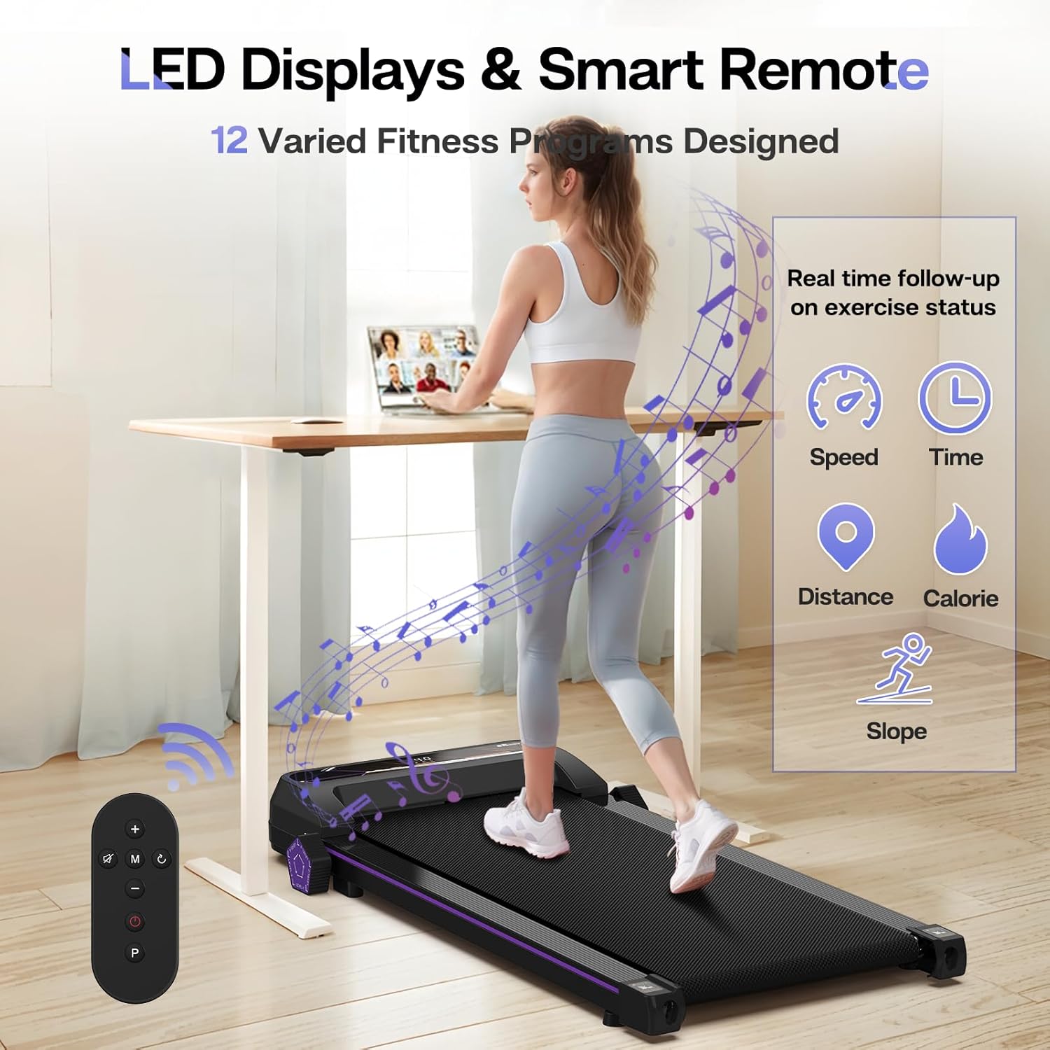 Walking Pad,Max 2.5 HP Portable Under Desk Treadmill,265LBS Capacity Installation-Free Treadmills for Home & Office Small,Remote Control LED Display