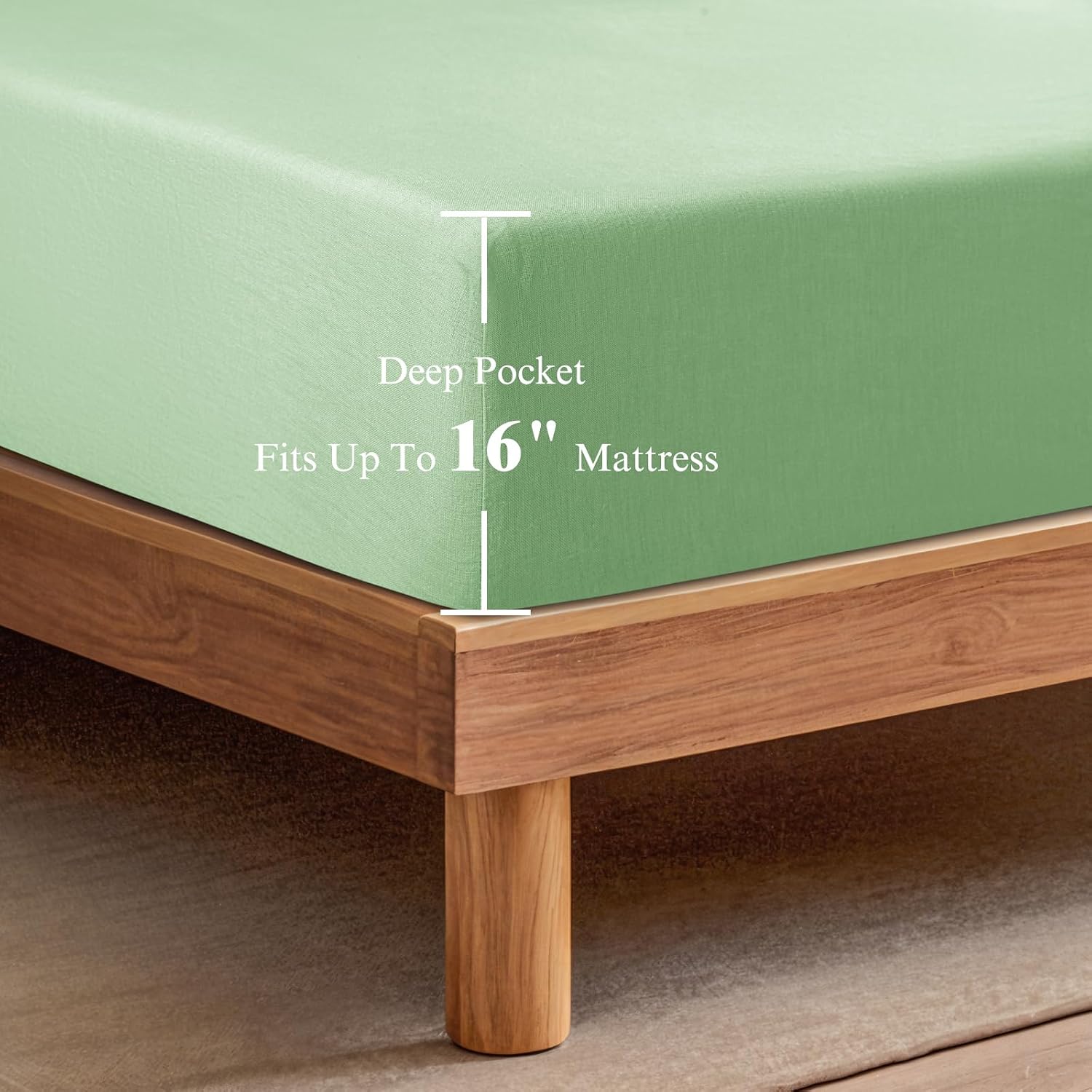 SONORO KATE 100% French Linen Fitted Sheet (1 Piece) - Stone Washed Natural Linen Mattress Cover, 16 Inch Deep Pocket, Ultra Soft, Breathable, Durable for Hot Sleepers (Green,King)