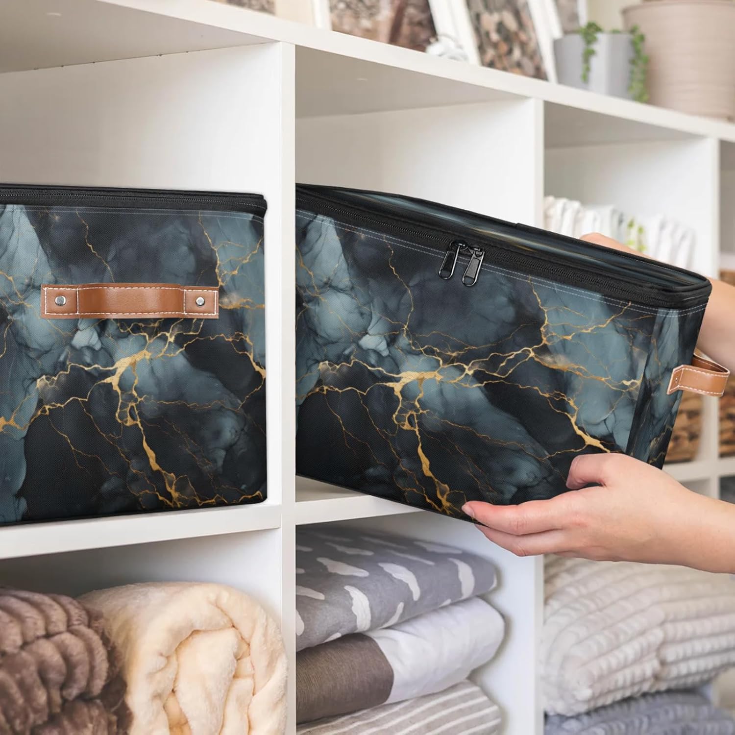 Storage Bin Set of 2 Black Marble Storage Basket with Zipper Lid & Handle Foldable Closet Shelf 2 Pack Cloth Organizer Basket Cube Bins Clothes Organizer for Nursery, Bedroom