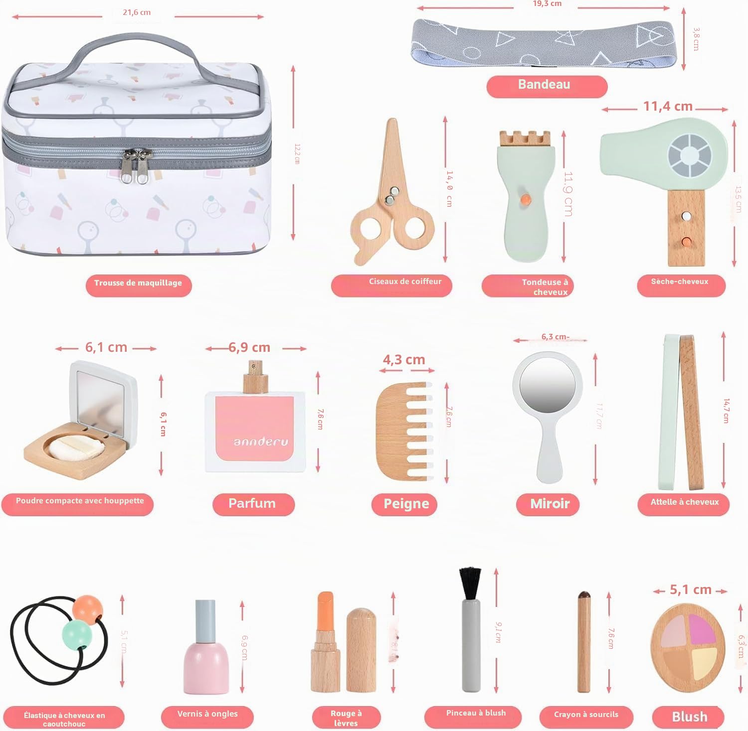 Gerbala Faux Maquillage Enfant Fille en Bois, Kit Beauté Bois, Malette Faux Maquillage, Accessoires Coiffeuse Fille, Coffre à Jouets Coiffure, Cadeau d'anniversaire de Noël pour 3 4 5 6 7 8 Filles