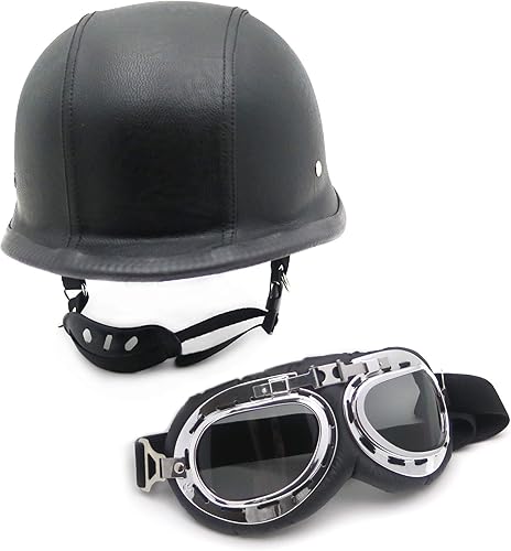 Miniatura 5 de HTTMT MT506-002-XL- DOT - Casco de motocicleta de cuero negro alemán de media cara, gafas de piloto para motociclista, XL