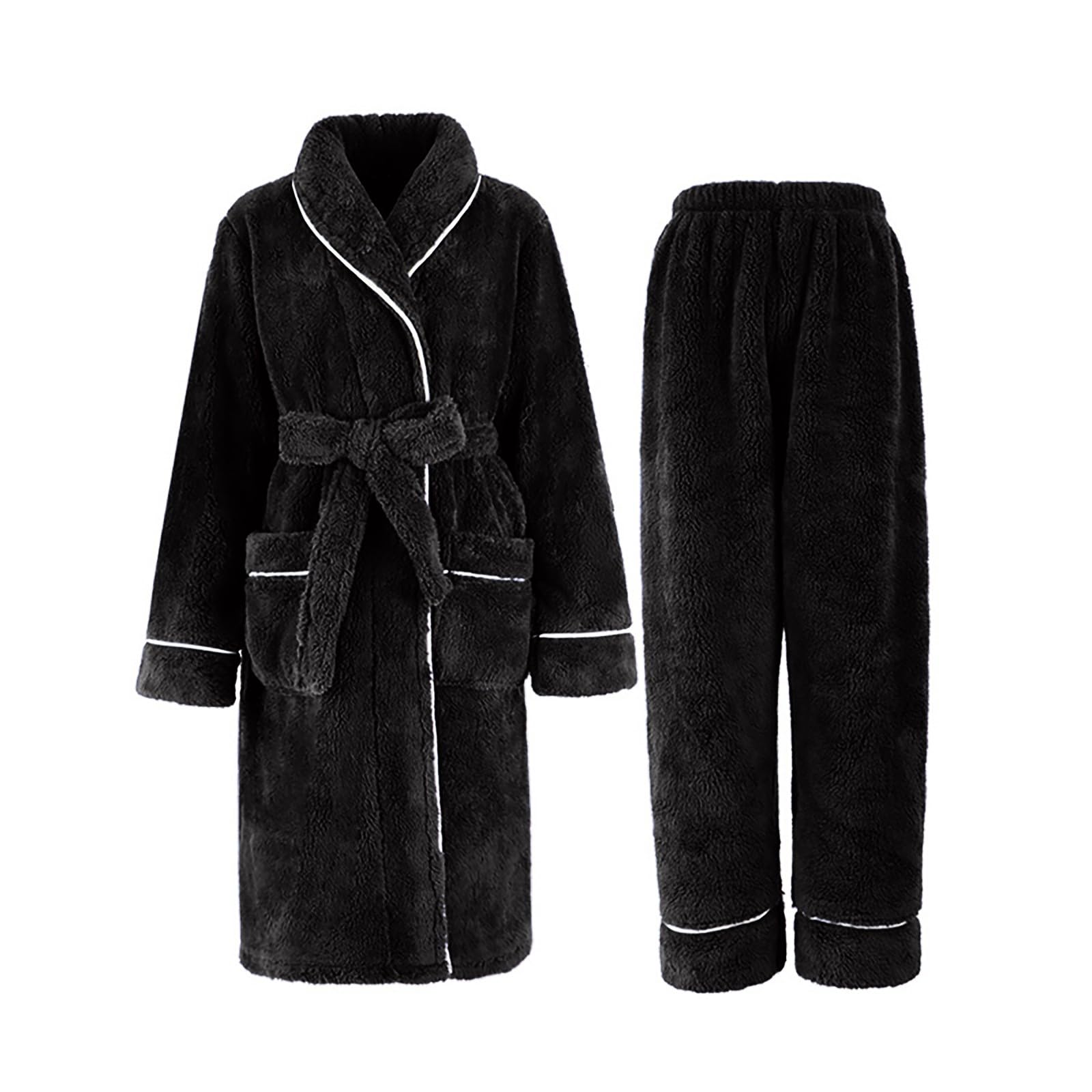 Albornoz para mujer, mullido, con capucha, pantalones de pijama de franela de algodón con bolsillos, pijama de dos piezas, parte delantera, abierta, bata de casa, pantalones de dormir de 2